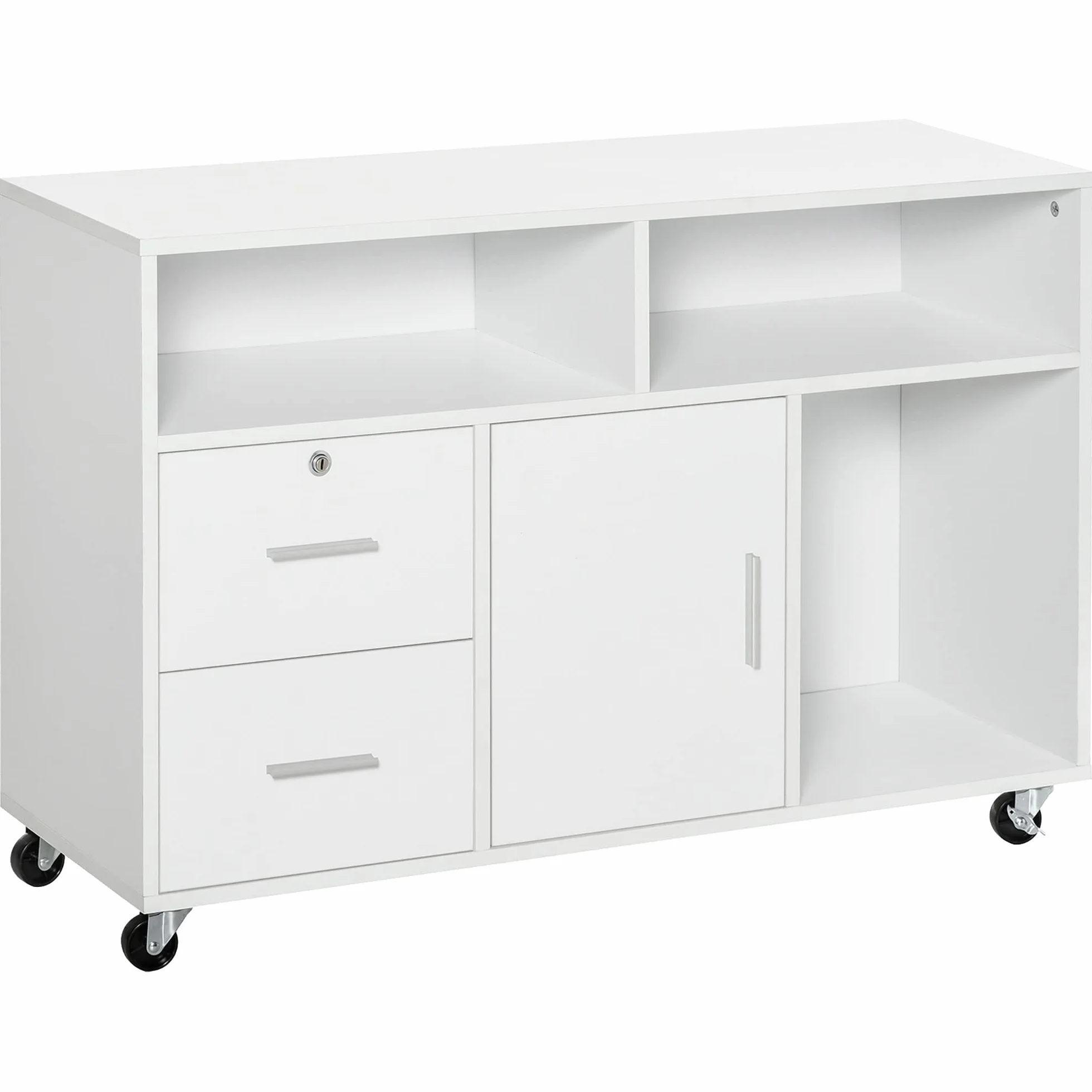 HOMCOM Mueble Auxiliar de Oficina Mueble Archivador con Ruedas Estantes y Cajones Armario Multiusos con Gran Almacenaje 100x35x65 cm Blanco