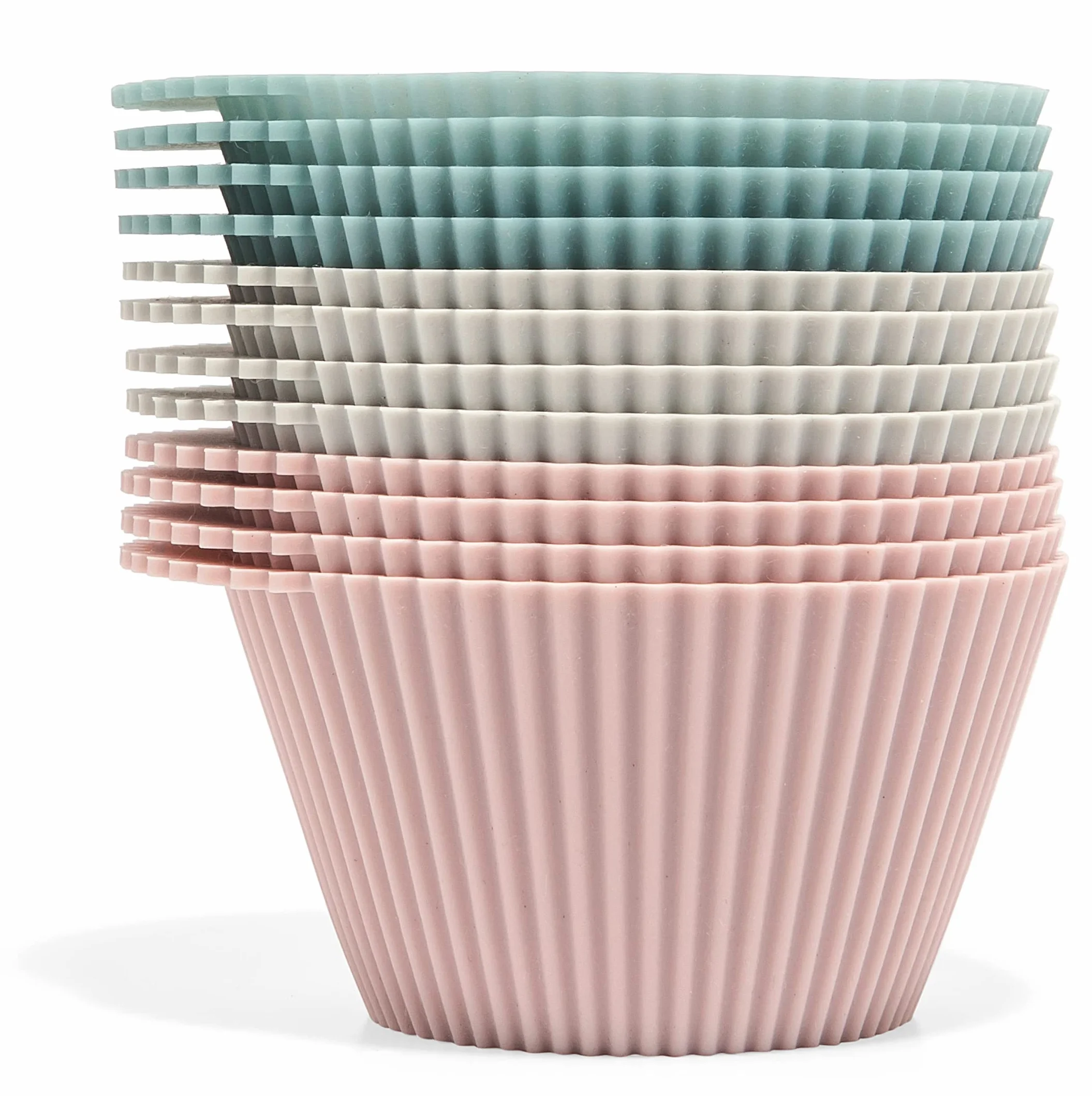 The Silicone Kitchen Moldes de silicona reutilizables para hornear magdalenas, sin BPA, jumbo, paquete de 12, rosa, gris y azul