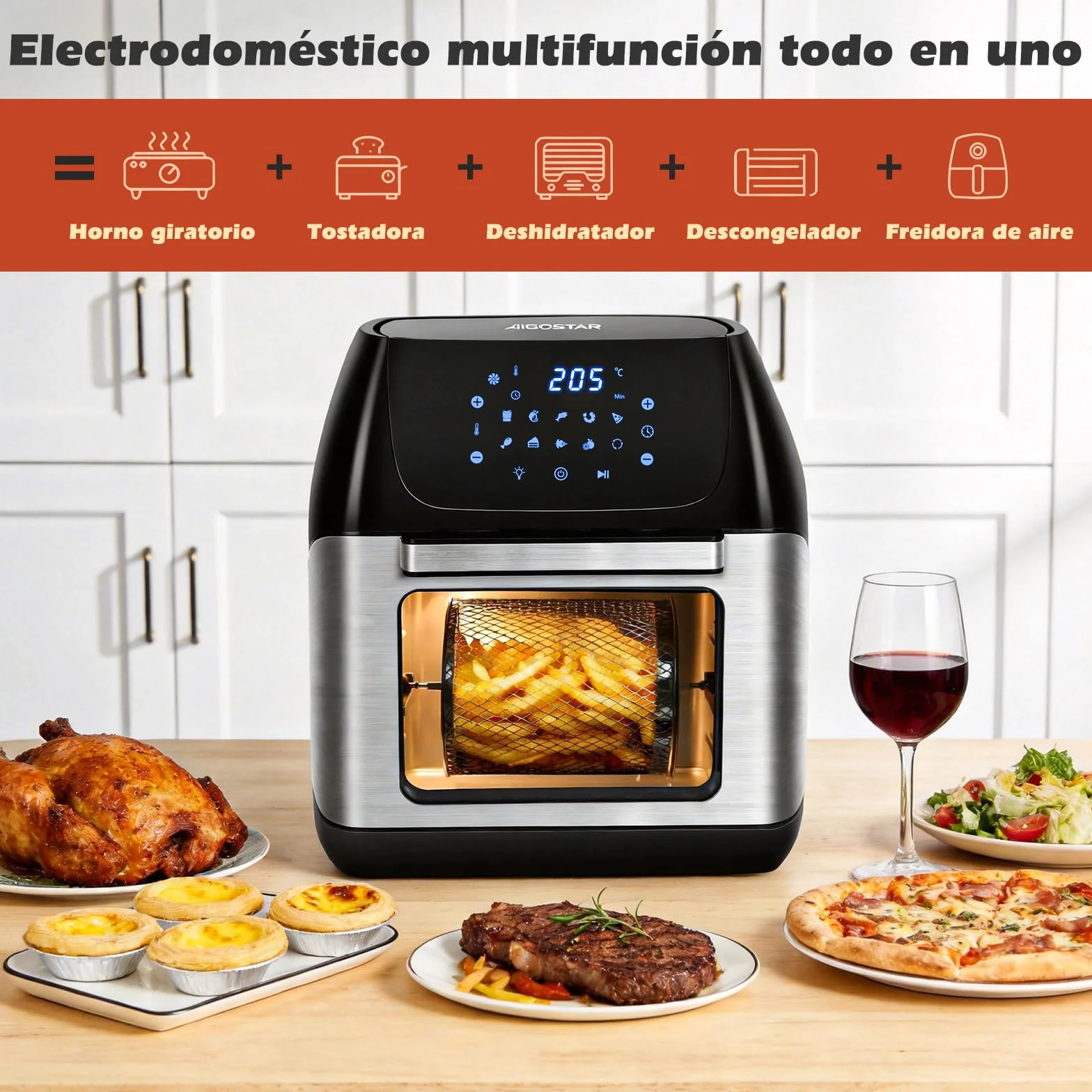 Aigostar Freidora Aire 12L con Sistema giratorio, Horno de Aire 1500W, 9 Programas y Pantalla LED Táctil, Air Fryer de Acero Inoxidable con Ventana Visualización, Accesorios Incluidos, Deshidratador