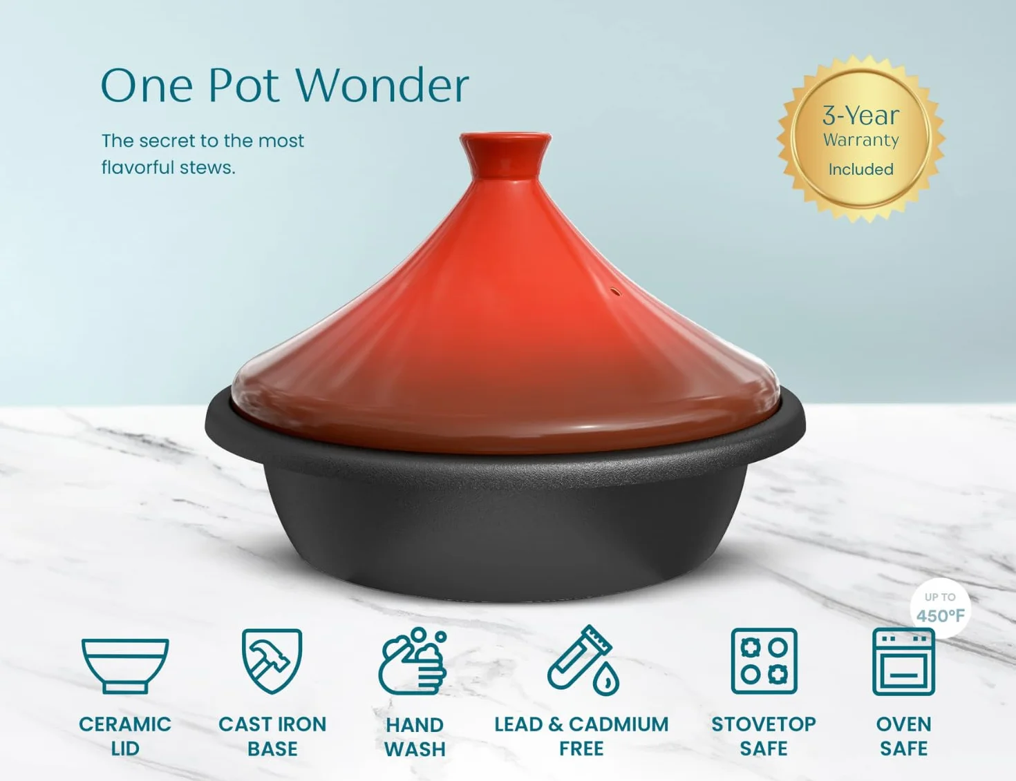 Kook Tajine marroquí, olla de hierro fundido esmaltado, tajín con tapa cerrada en forma de cono de cerámica, 3.3 cuartos de galón (cerámica)