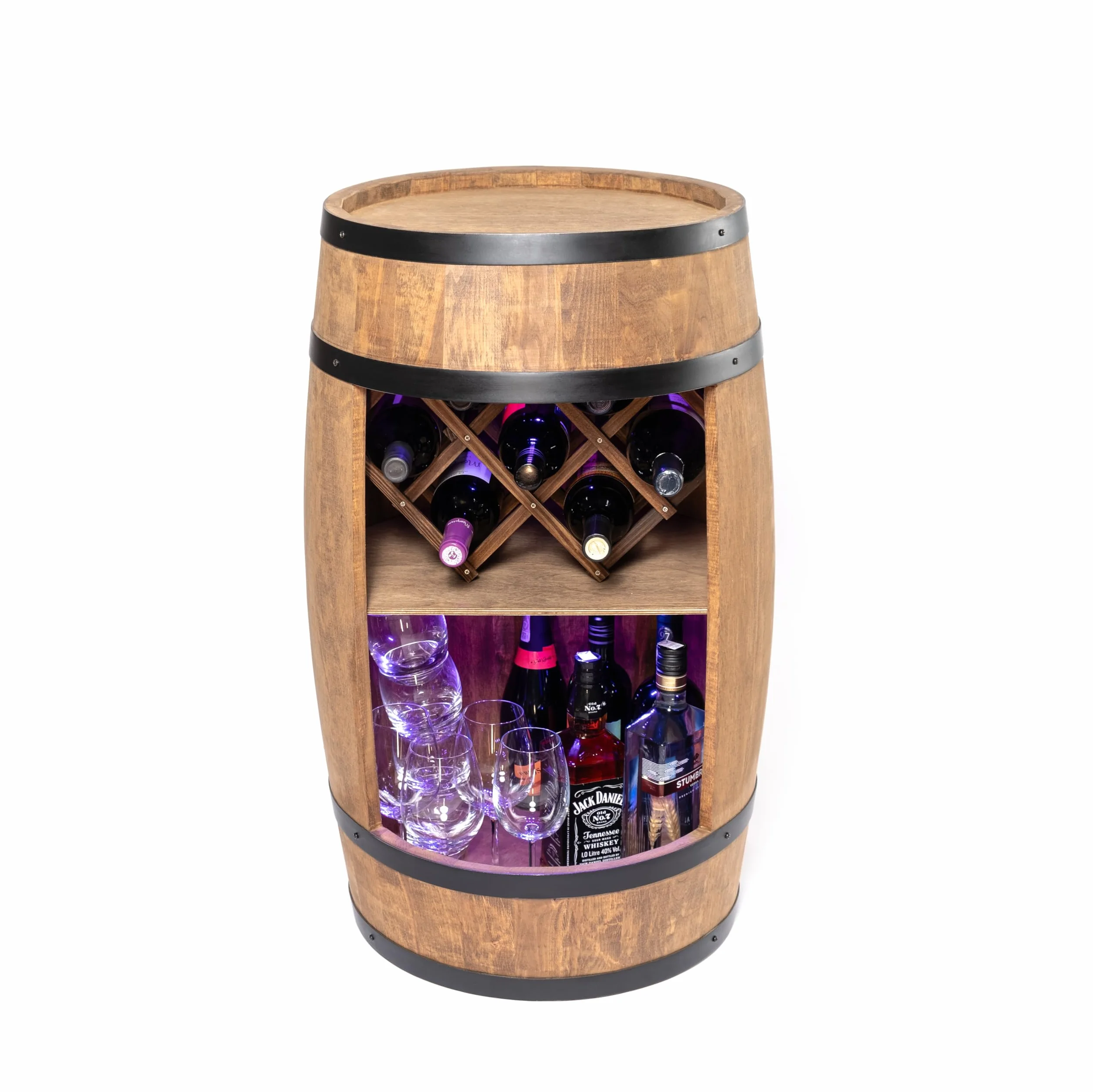 CREATIVE COOPER Barril de bar con soporte para vino – Botellero LED RGB – Barril de madera 80 x 50 cm – Decoración rústica – Armario para vino – Armario para vinos (marrón oscuro)