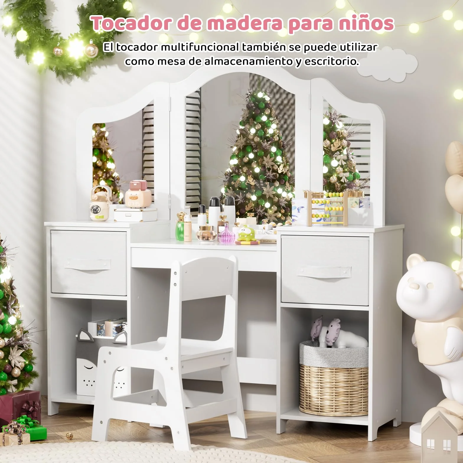 MAMIZO Tocador Infantil 2 en 1 con Espejo Extraíble, Madera Niña Escritorio con Taburete, Blanco 108x30x114 cm