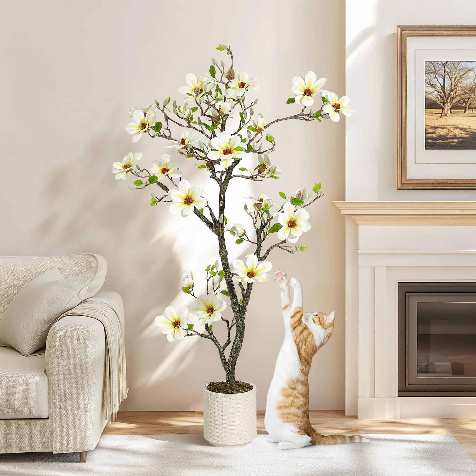 Garvee Árbol Artificial de Magnolia 150cm, con Maceta Blanca, Plantas Artificiales Decorativas para Interior, Salón, Patio, Hogar, Oficina, Porche o Vestíbulo de Hotel, 150cm
