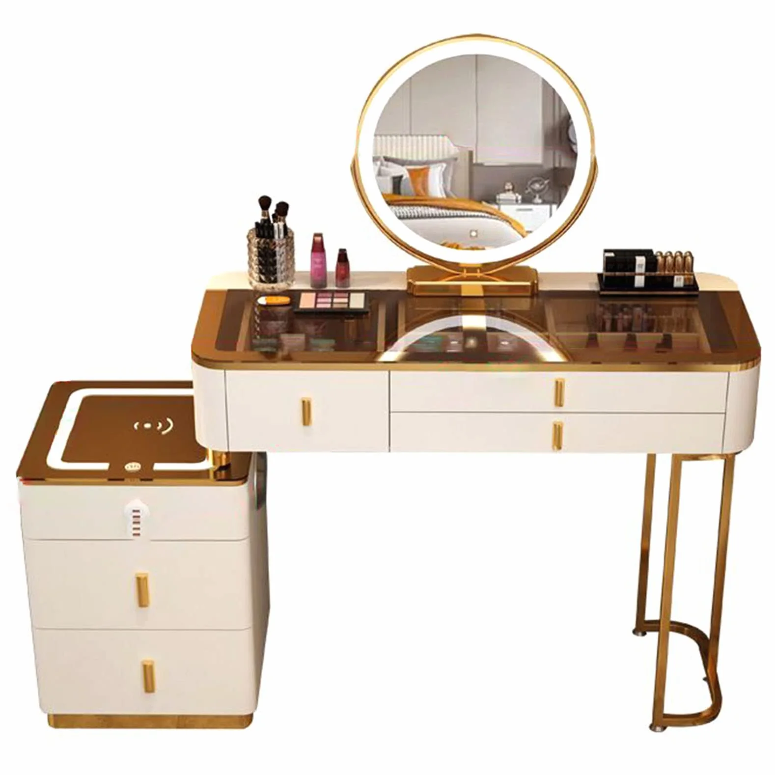 Mesa Vani de maquillaje con luz LED con bandeja transparente de 5 Ders Cushed Taburete recargable para mujeres y niñas - Juego de tocador Ele