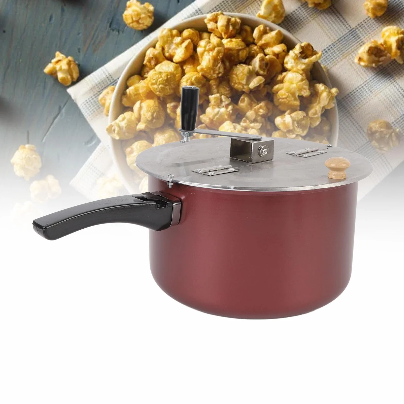 Rengue Máquina para Hacer Palomitas de Maíz de Acero Inoxidable, Máquina para Hacer Palomitas de Maíz Manual para de Caseras para Cine, con de Madera Compuesta para Estufa de Gas y