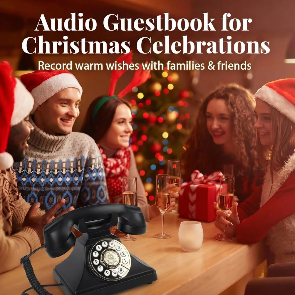Libro de visitas de audio para boda, teléfono retro inalámbrico, grabación de mensajes de voz personalizados para bodas, fiestas y banquetes, estilo clásico, baja radiación, negro