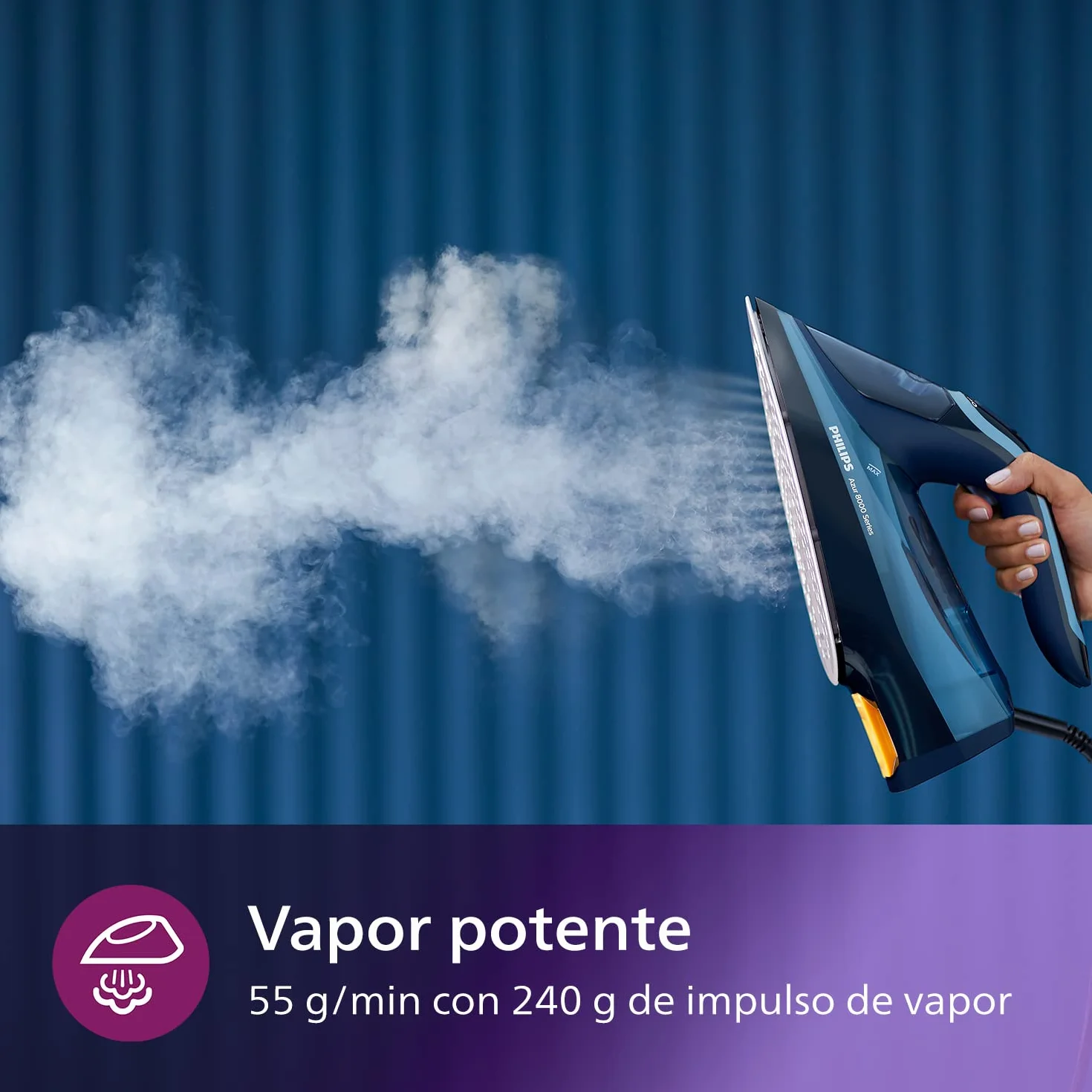 Philips Azur 8000 Plancha de Vapor, 3000W, depósito 300 ml, Azul Claro | Golpe de vapor 240g, 55g/min continuo, OptimalTEMP sin quemaduras, suela SteamGlide Elite, vapor vertical (DST8020/20)