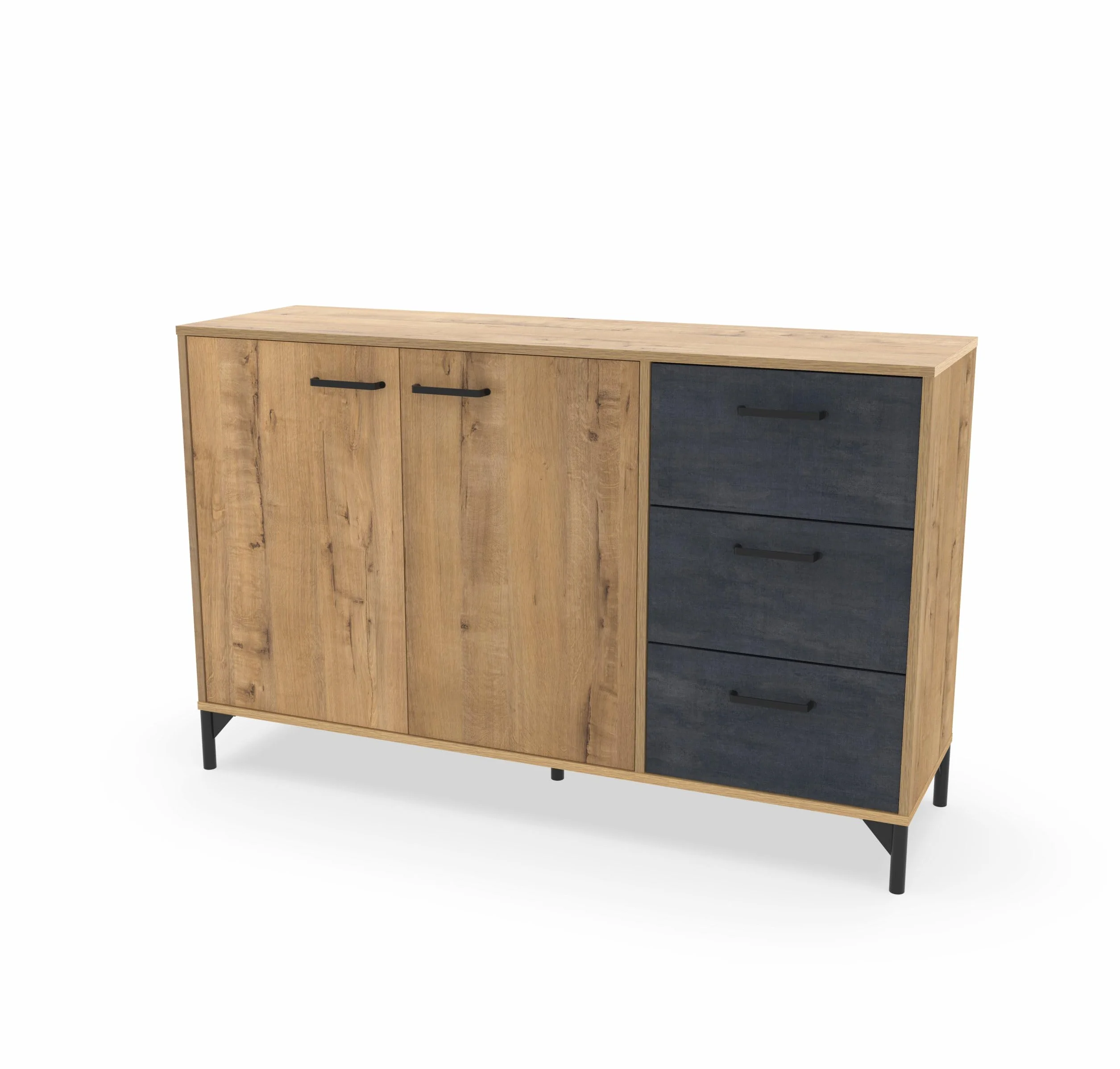 Aparador Salón Comedor, Buffet, Mueble Auxiliar, 2 puertas y 3 Cajones, Roble Gold combinado con imitacón mármol negro, 85x135x40cm, Despensa, Cocina, Despacho, Moderno, Industrial, modelo Nantes