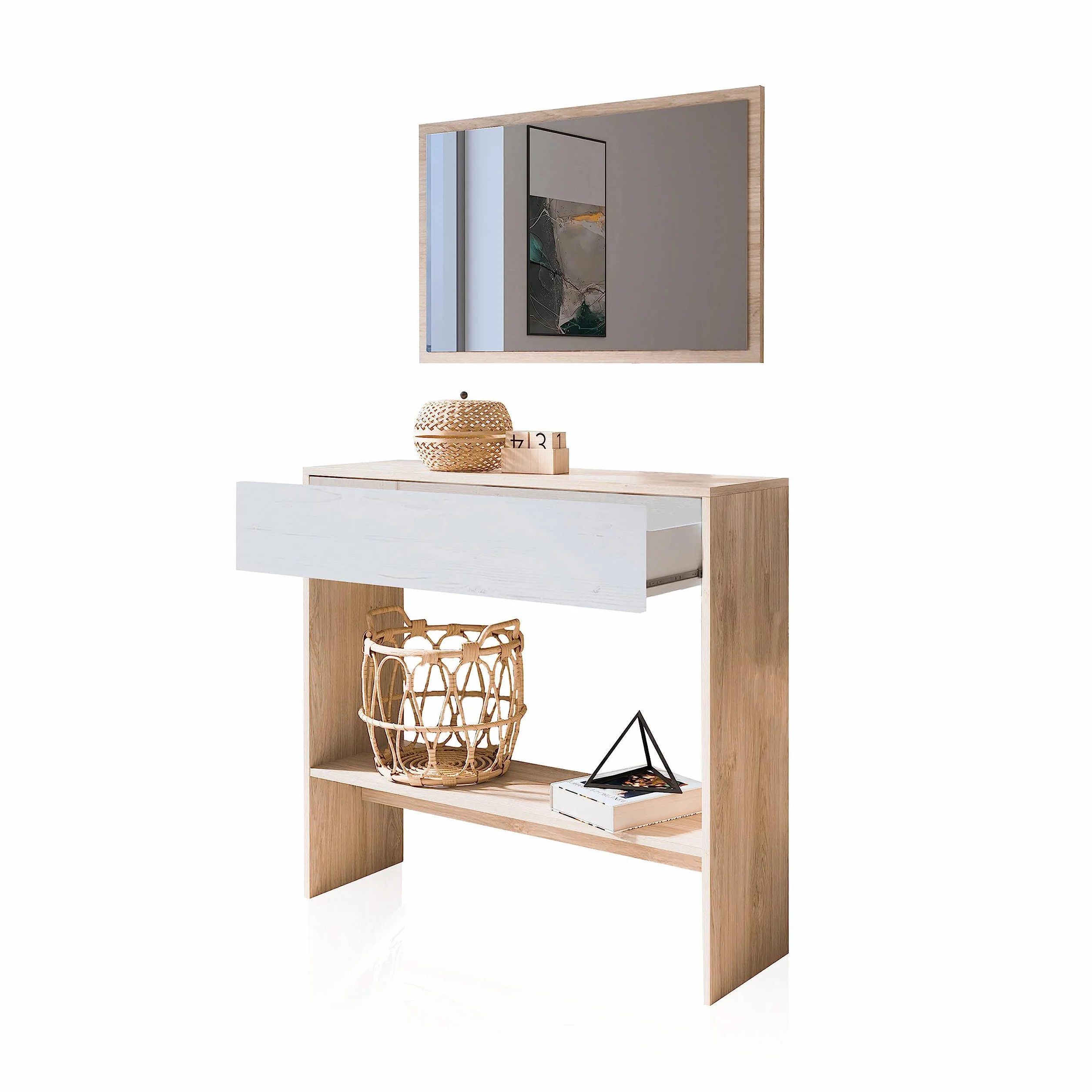 duehome | Recibidor con Cajon y Espejo, Mueble de Entrada, Mueble Auxiliar, Acabado en Tofe y Andersen, Modelo Aros, Medidas: 91,5 cm (Largo) x 27,9 cm (Fondo) x 85 cm (Alto)