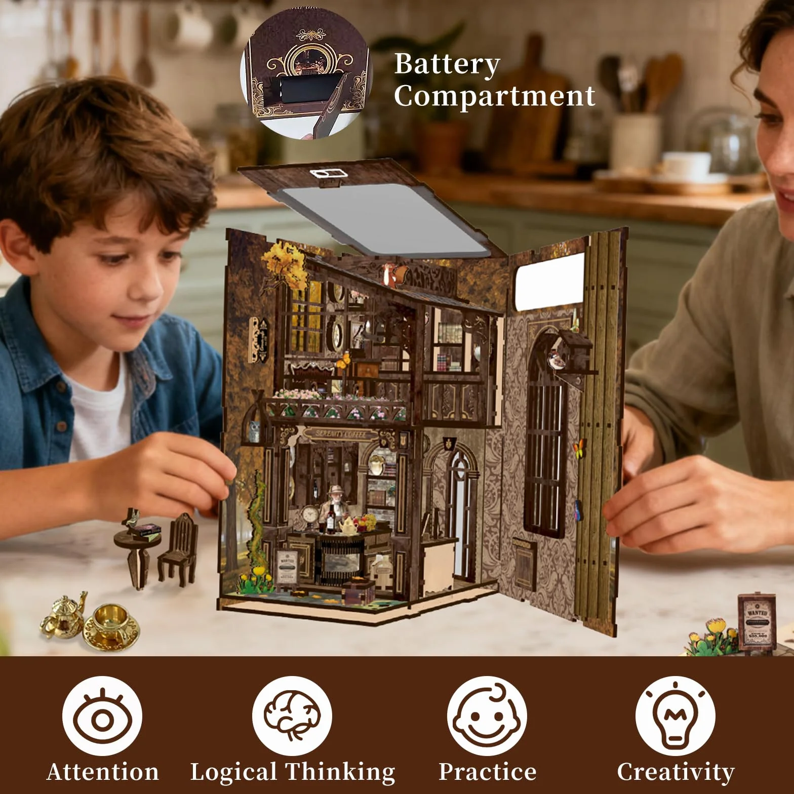 GuKKK Book Nook Kit, DIY Miniatura de Madera Kits, Puzzle 3D Café Casa de Muñecas, Kit de Construcción con Cubierta Antipolvo y luz LED (Cafetería)