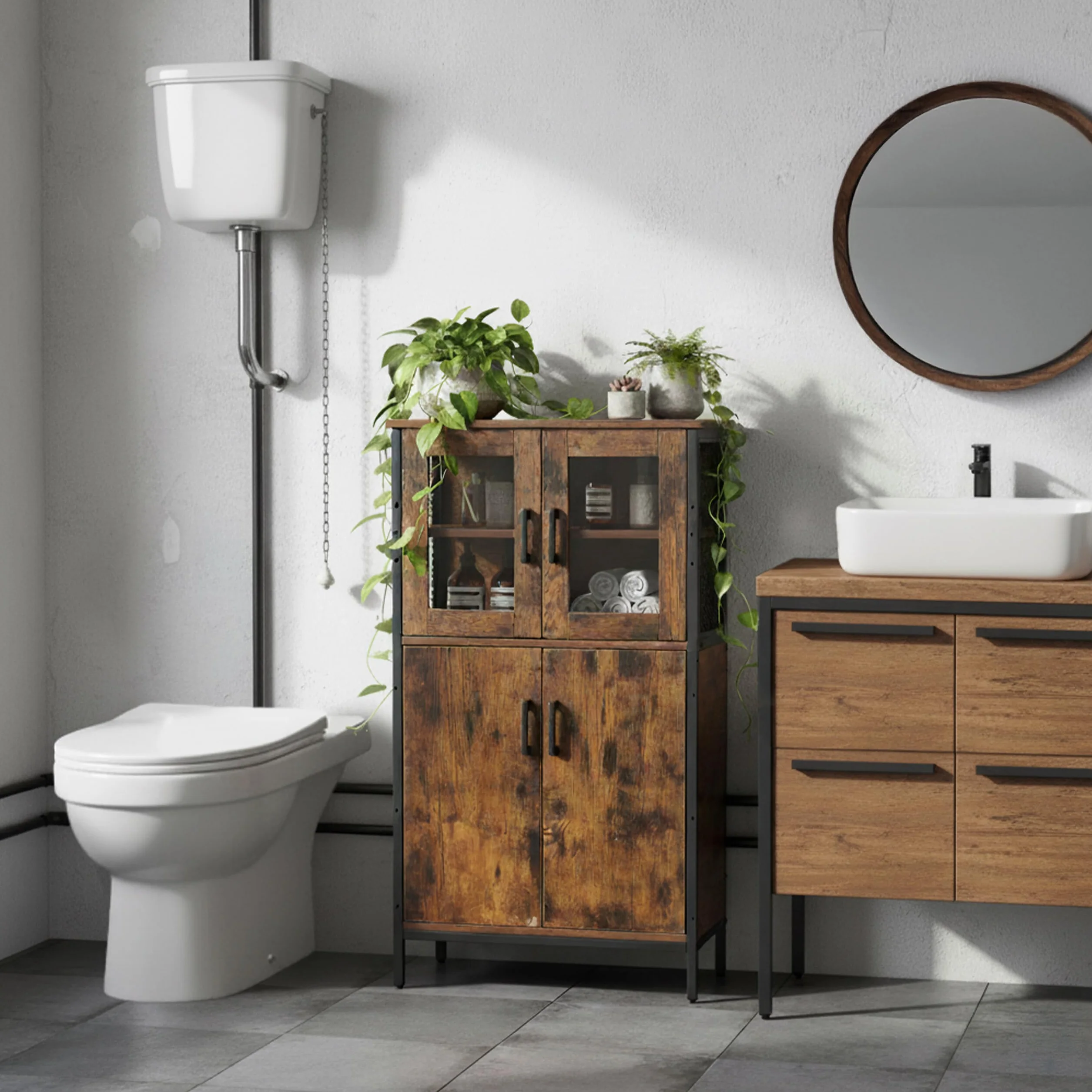 Relaxdays Armario Alto de Cocina Industrial con Puertas de Cristal, Vitrina Estrecha 108x60x30 cm, Madera Marrón