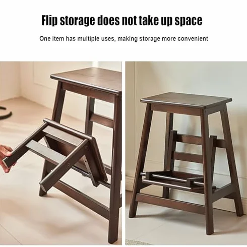 Taburete de madera de 2 niveles, diseño plegable que ahorra espacio para un alcance seguro en el hogar, cocina, biblioteca