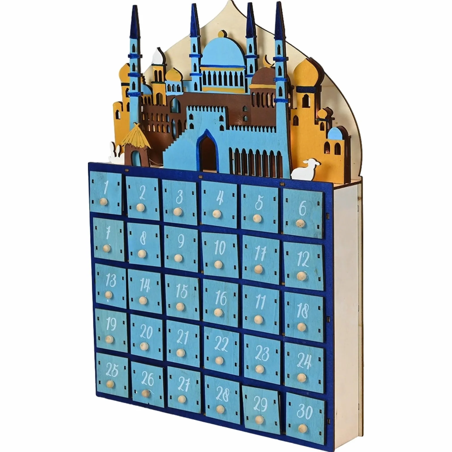 Calendario de Adviento de Ramadán, madera con luces LED, 30 cajones, 11 x 2.2 x 15.4 pulgadas, cuenta regresiva del festival Eid, lámpara de mesa para dormitorio, decoración religiosa musulmana