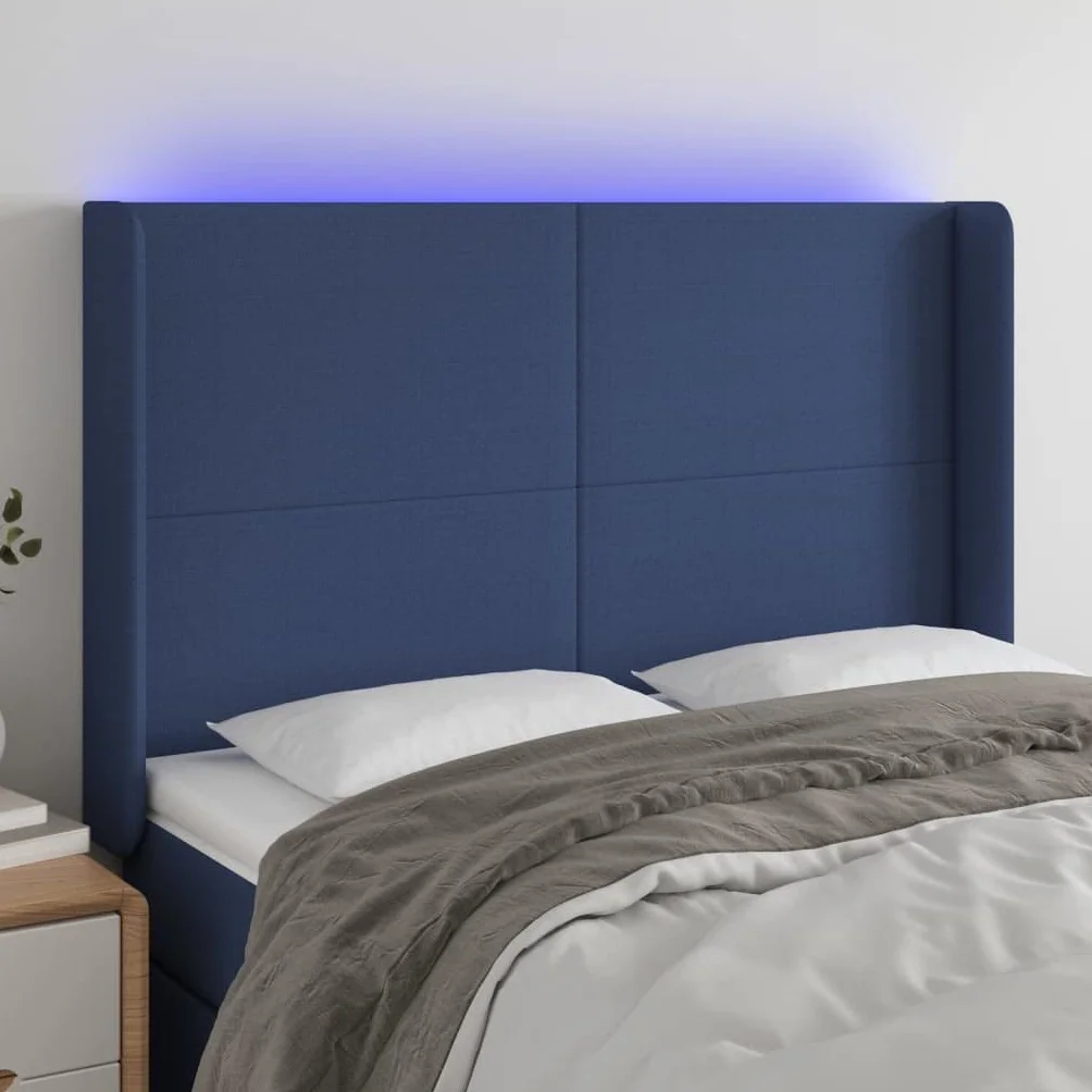 Cabecero de cama LED azul, 147 x 16 x 118/128 cm, altura regulable, acogedora almohadilla de pared con tira LED multicolor, diseño moderno para dormitorios y habitaciones juveniles