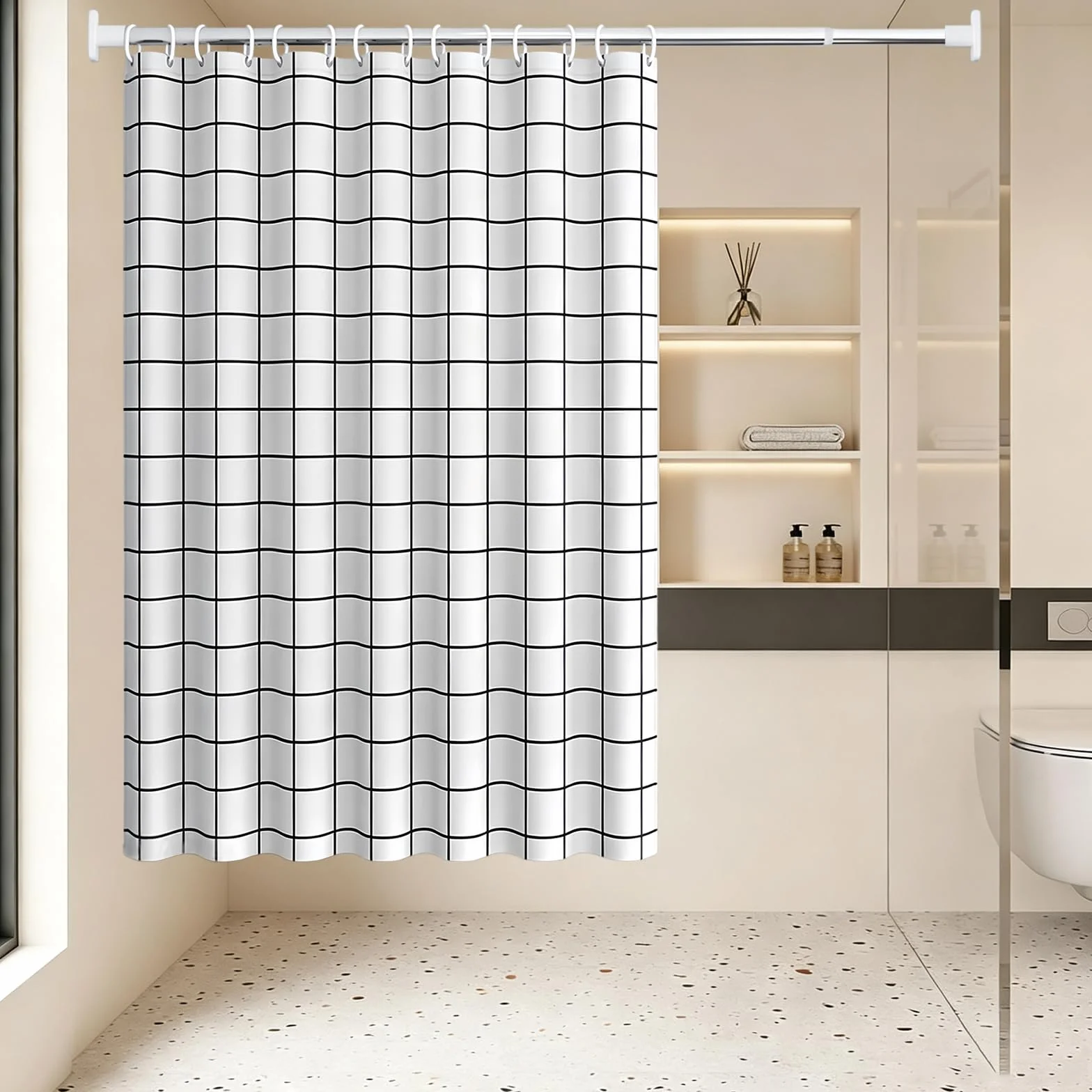 Cortina de Ducha Impermeable 310 x 150 cm Cortina de Ducha de Poliéster - Resistente Al Moho y Al Moho, Tela Repelente Agua, 100% Poliéster, con Ojales y Anillos, Cuadrado
