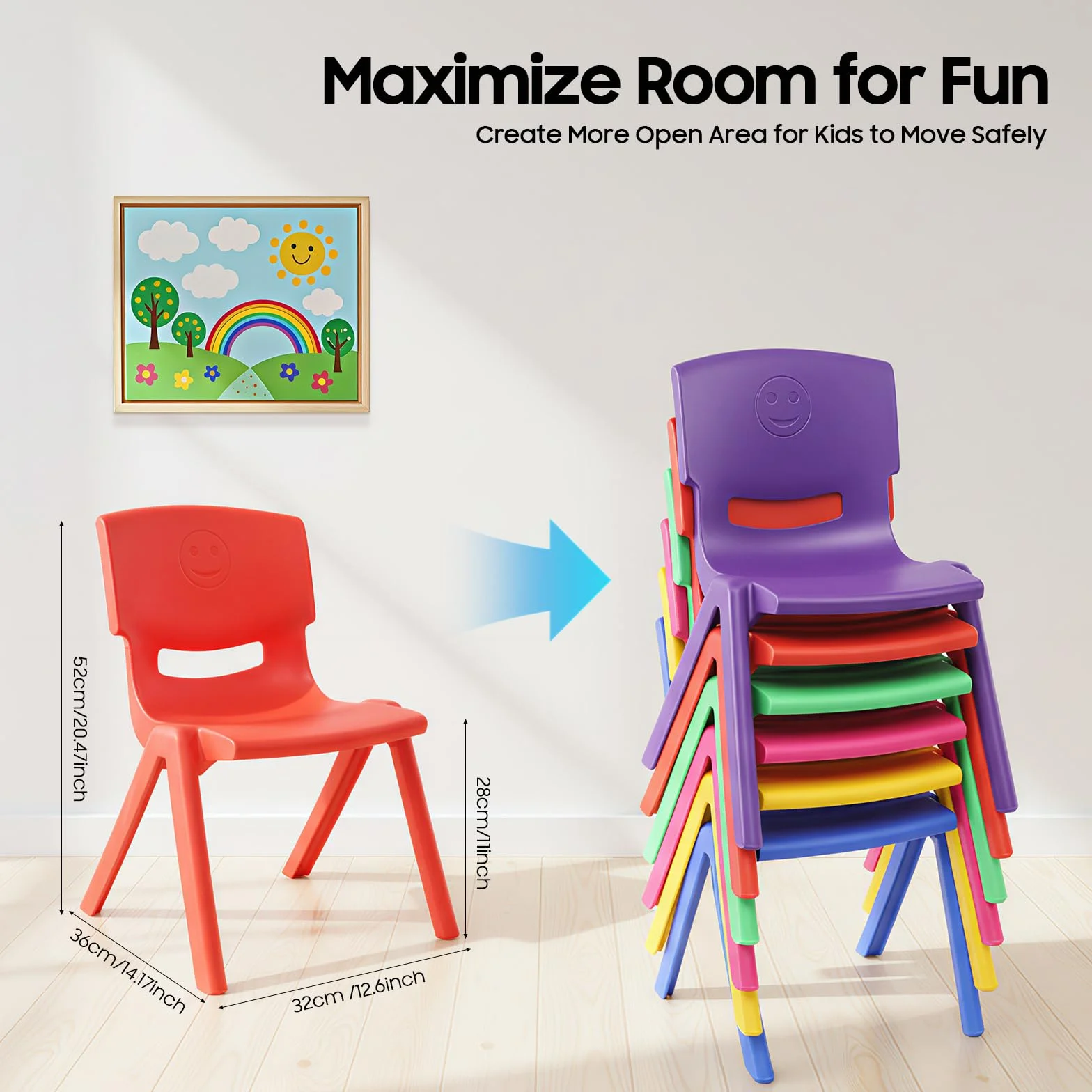 6 sillas escolares apilables de 36 x 32 x 52 cm, con diseño apilable y respaldo ergonómico, sillas de plástico resistentes para aulas, guarderías