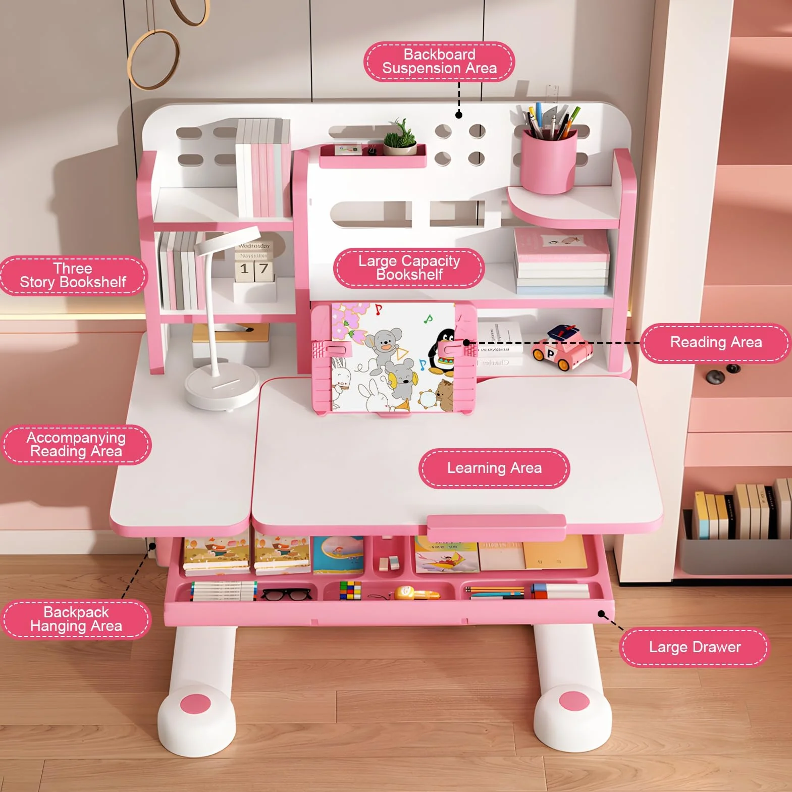 Juego de escritorio y silla de estudio para niños, altura ajustable, silla de mesa de estudio para niños, escritorio escolar con mesa ampliada inclinable, cajones de almacenamiento grandes, estantería