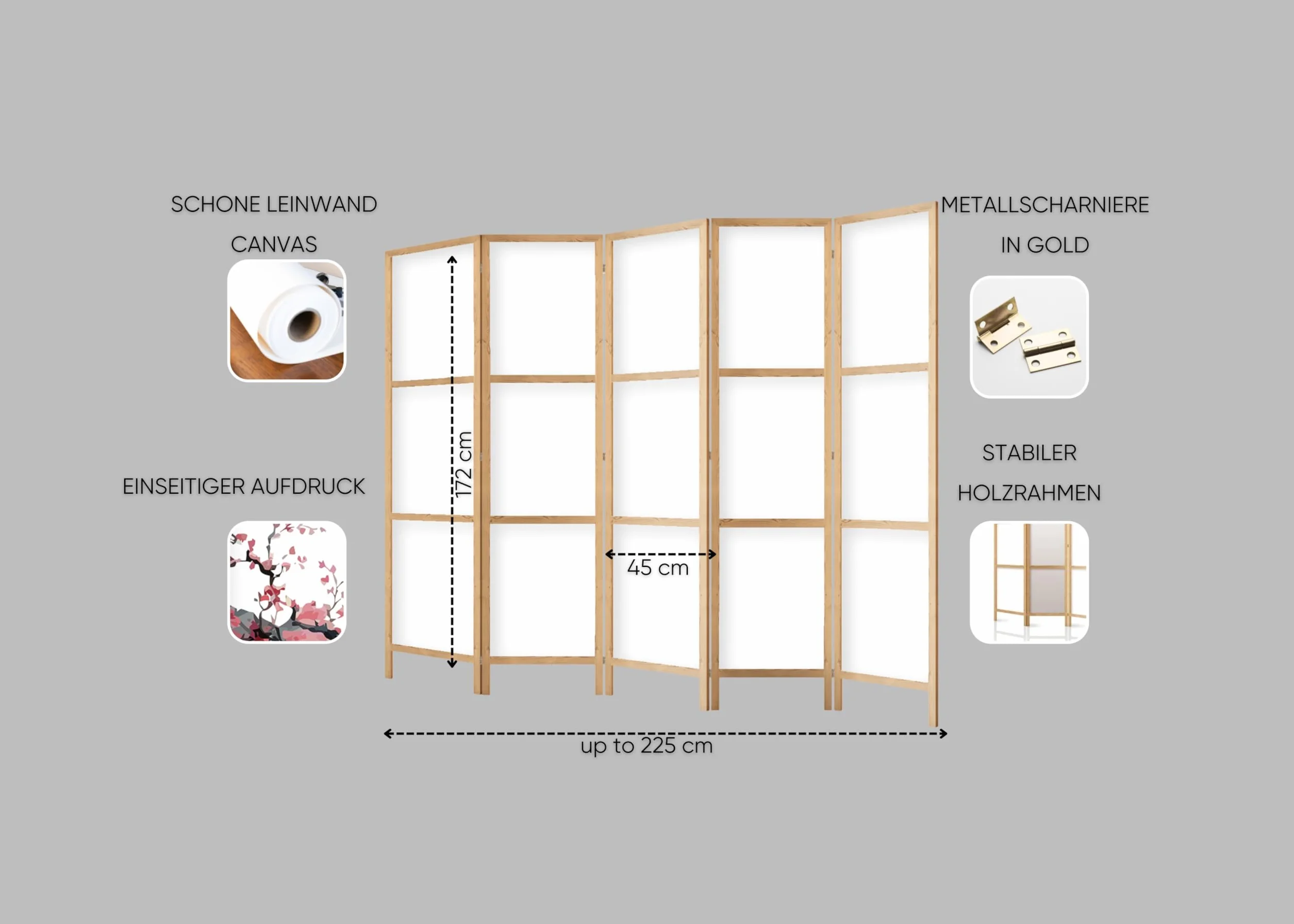 Biombo divisor de ambientes de madera 225x172 cm, 5 paneles, de un solo lado, estilo oriental