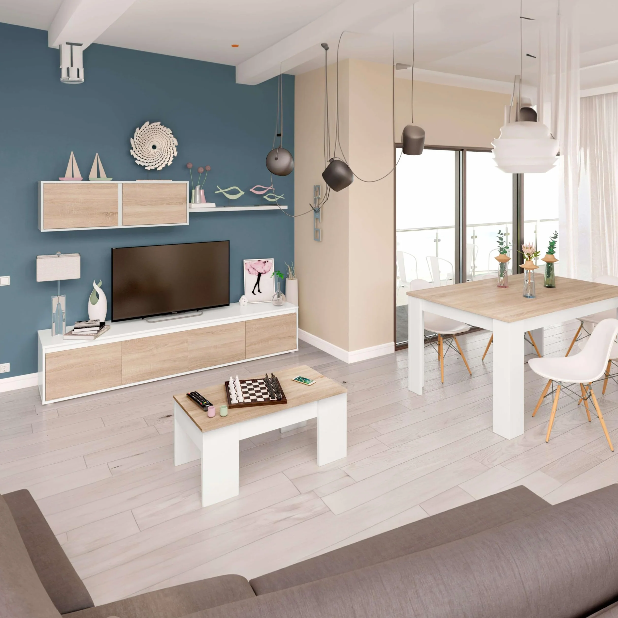 Miroytengo Pack de Muebles de Salón Estilo Nórdico en Color Blanco y Roble Claro con Modulo de TV, Mesa de Centro y Mesa de Comedor