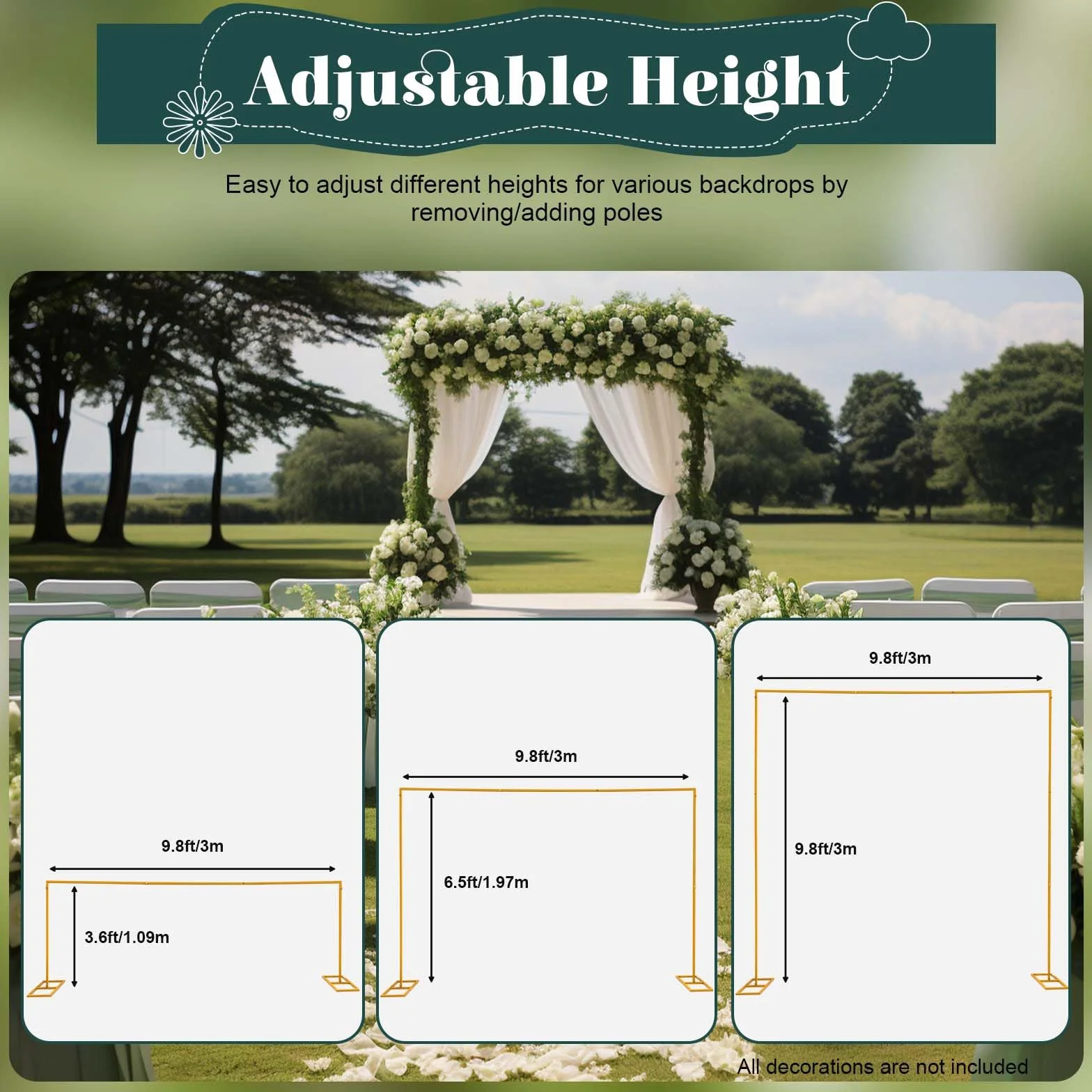 3M X3M - Arco de metal dorado para boda, marco de arco de metal con base, arco cuadrado de boda, adecuado para bodas, fiestas de cumpleaños