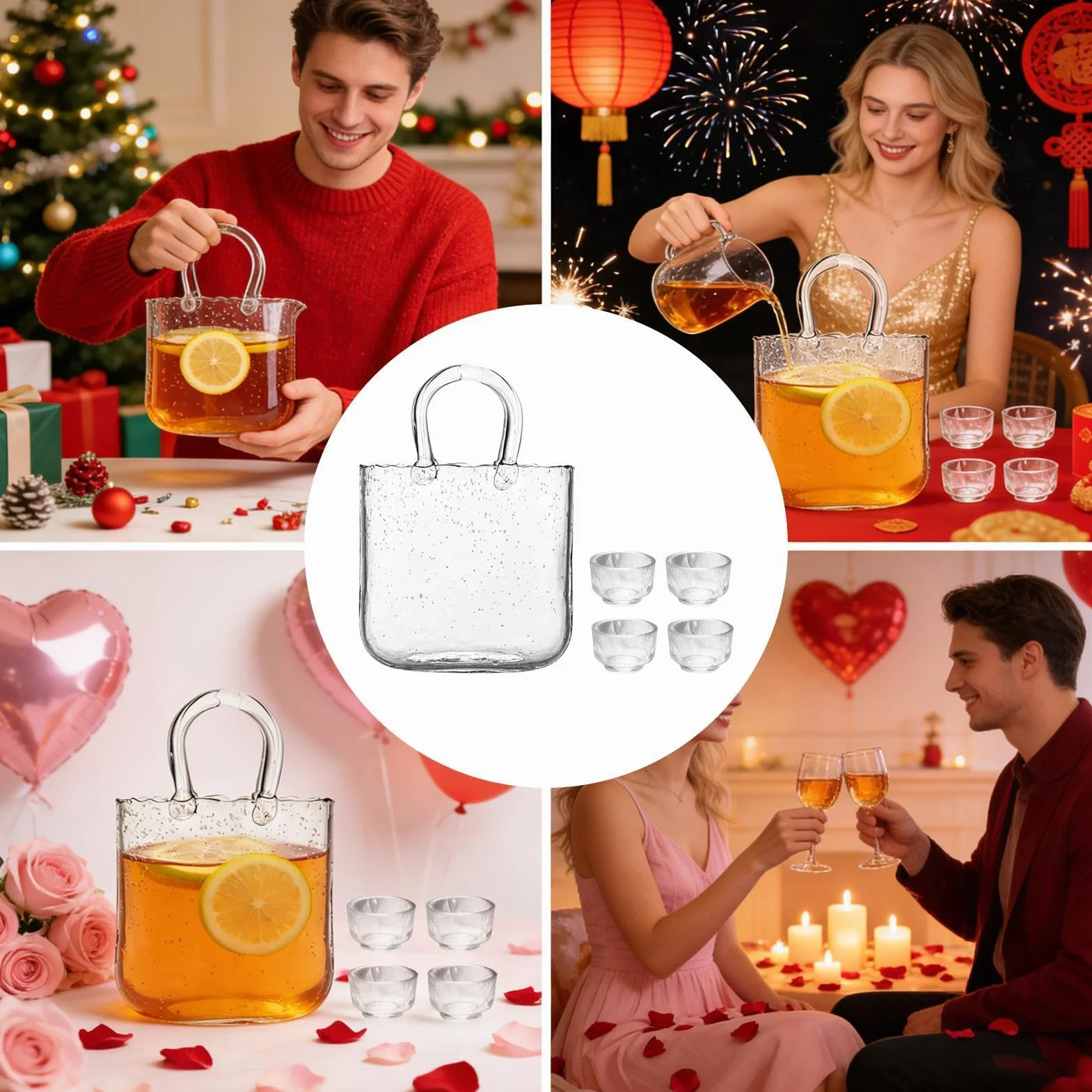 Vasos de Vidrio Set de 2340 ml en Forma de Bolso con 4 Vasos Pequeños | Incluye 4 Vasos Pequeños para , Bodas, Brunch, Té de la Tarde, Reuniones, Cumpleaños, Hogar y Cocina
