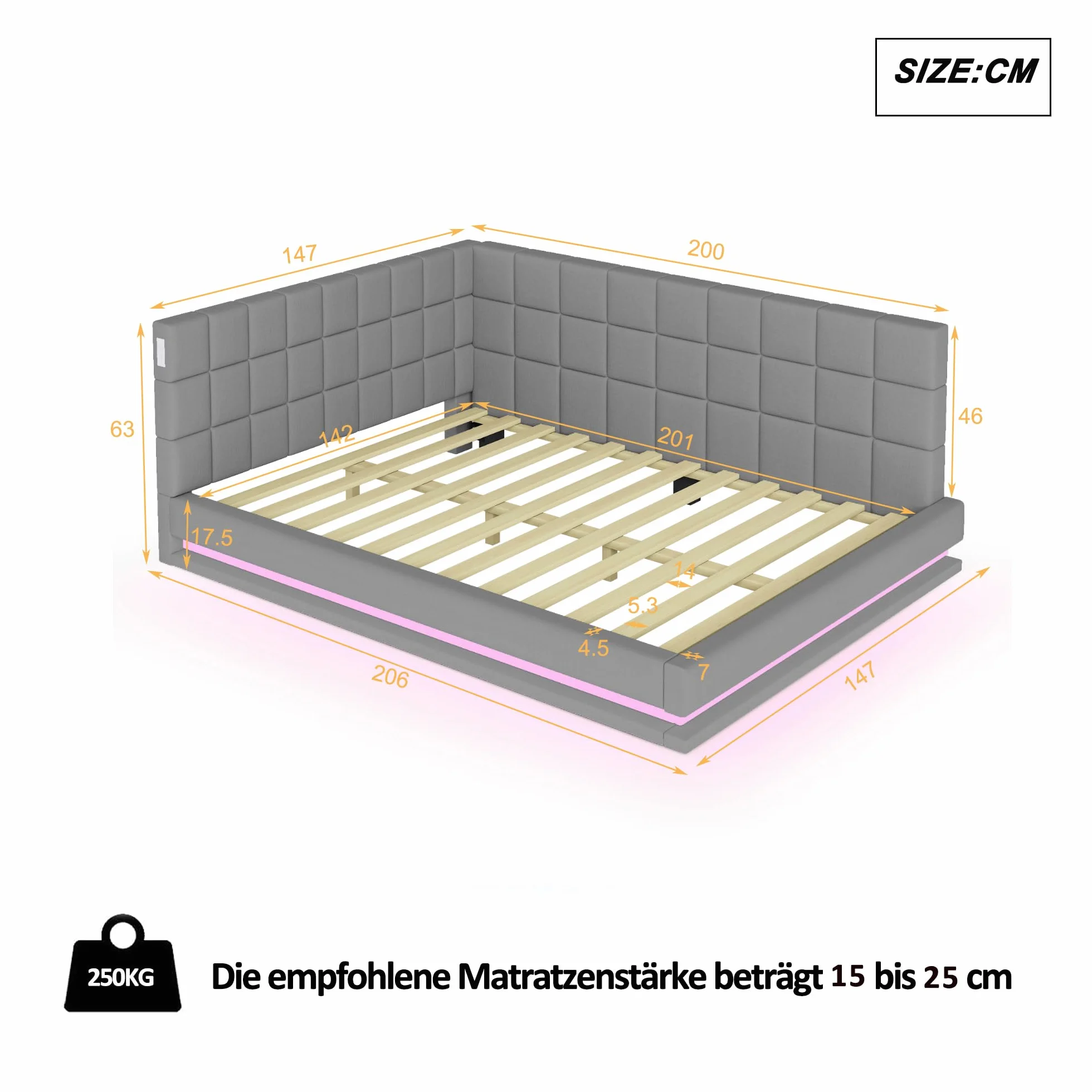 ZYLOYAL10 Cama tapizada para sofá cama multifunción con somier de láminas de tela aterciopelada agradable al tacto (tira de luz LED gris, 140 x 200 cm)