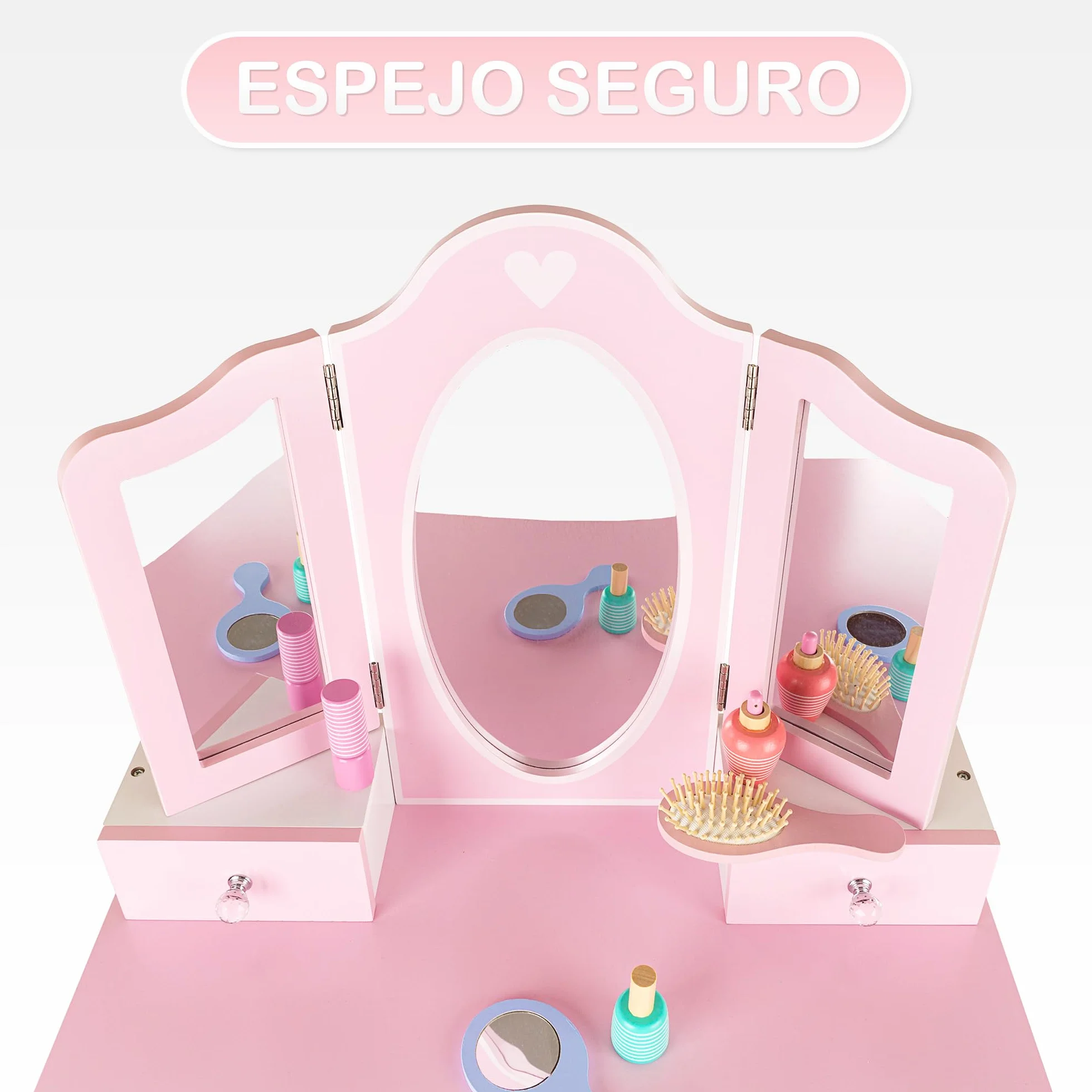 Tocador Infantil de Madera con Espejo y Accesorios Rosa Green Series GS3300