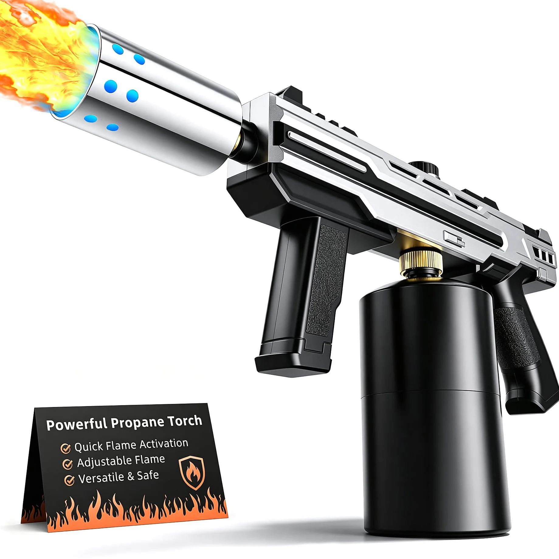 Soplete de flambeo multifuncional, lanzallamas para cocina, quemador ajustable, soplete de gas para el hogar, para freír carne, barbacoa, bricolaje, fácil de usar (plata)