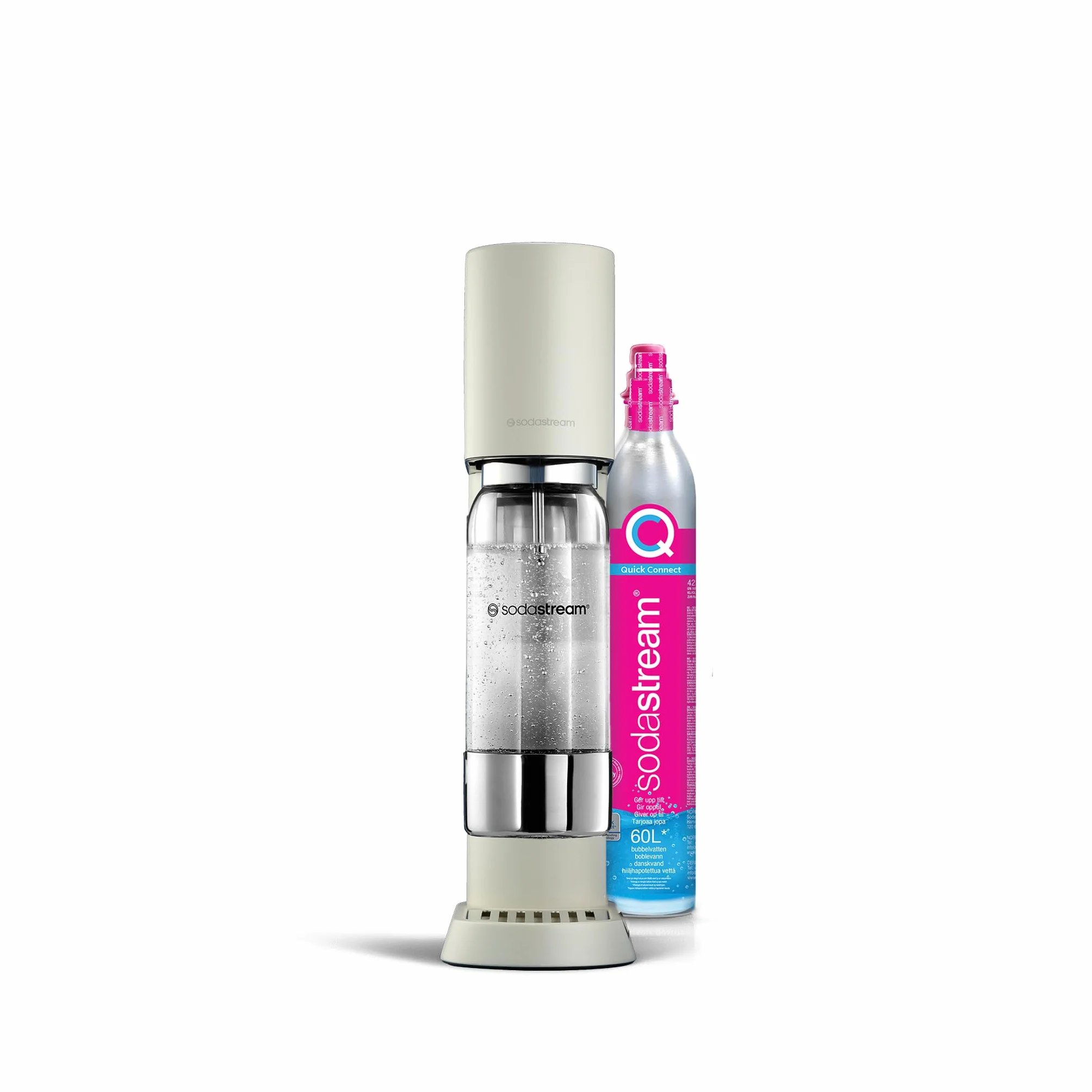 sodastream ensō - Máquina de agua con gas y soda | Pack 1 botella 1 L compatible con lavavajillas + 1 recarga de gas de 60 L para Clipser | Acabado blanco arena