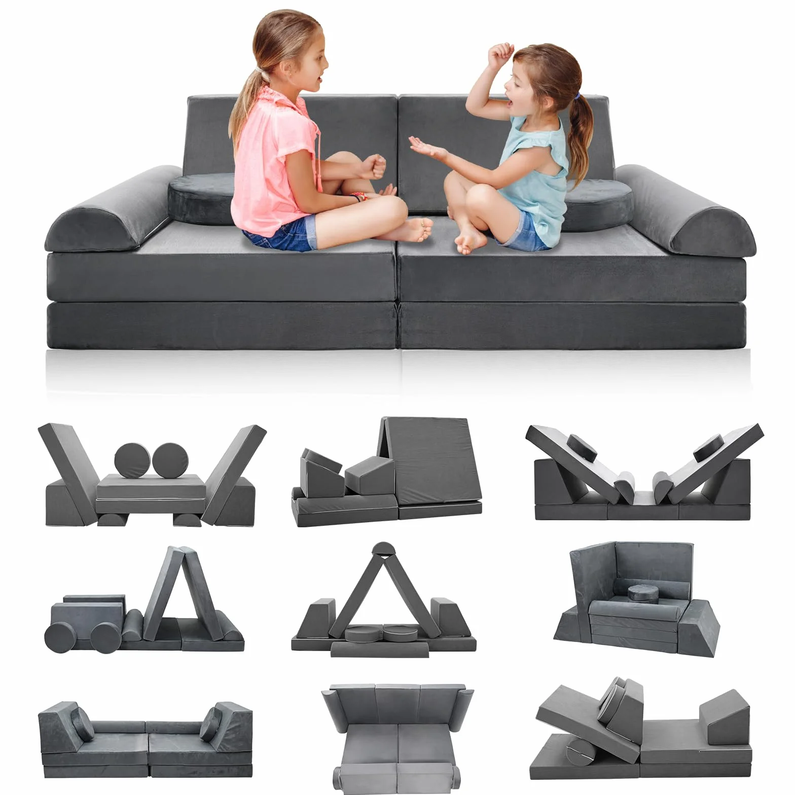 Sofá de juegos para niños, sofá infantil de 10 bloques de construcción de espuma, flexible y combinable, sofá modular para jugar, ser creativo, dormir (160 cm)