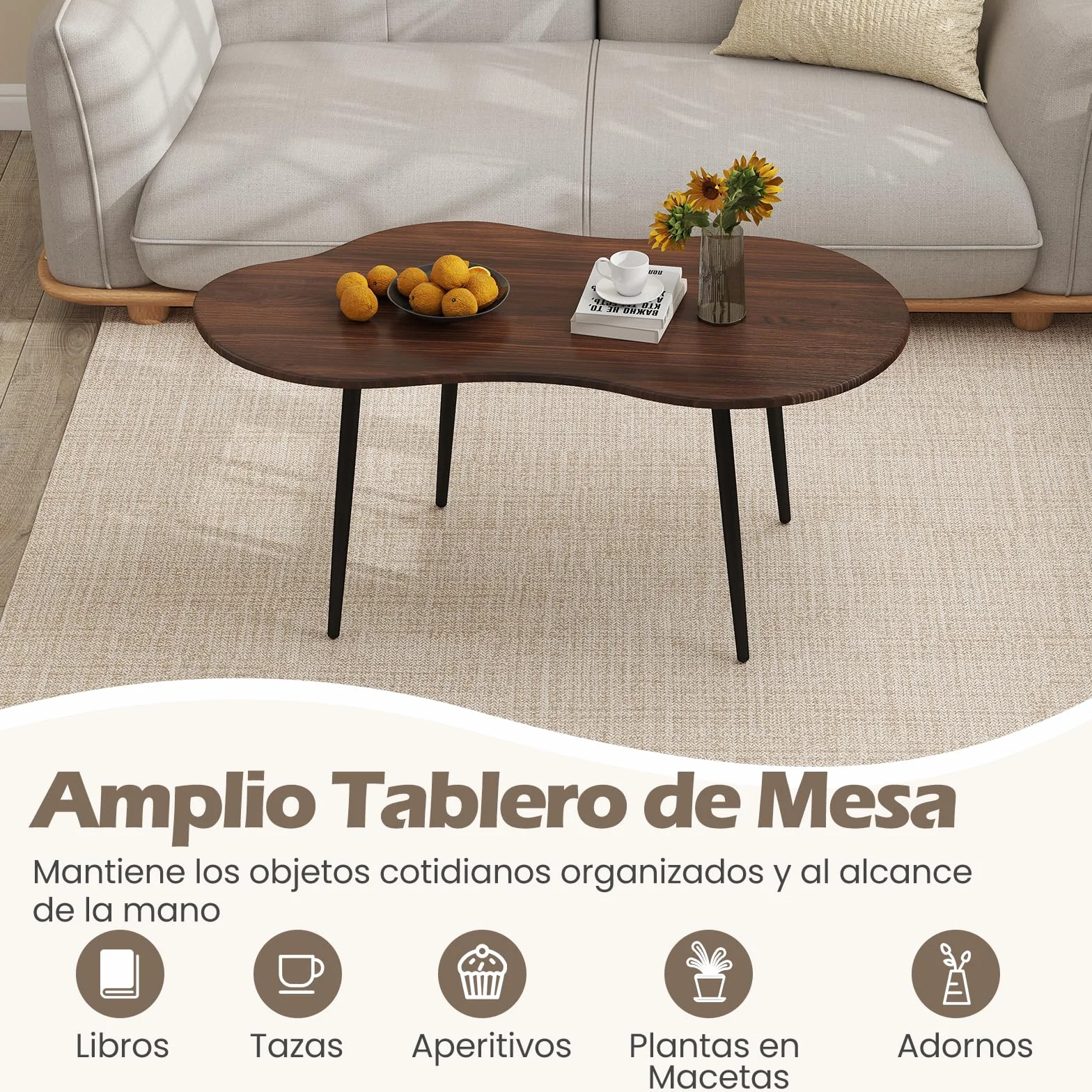 COSTWAY Mesa de Centro con Forma de Nube, Mesita Central Irregular Moderna con Estructura Metálica, Mesita Auxiliar de Madera Decorativa para Saon Oficina Espacios Pequeños, 100 x 50 x 44 cm (Nogal)