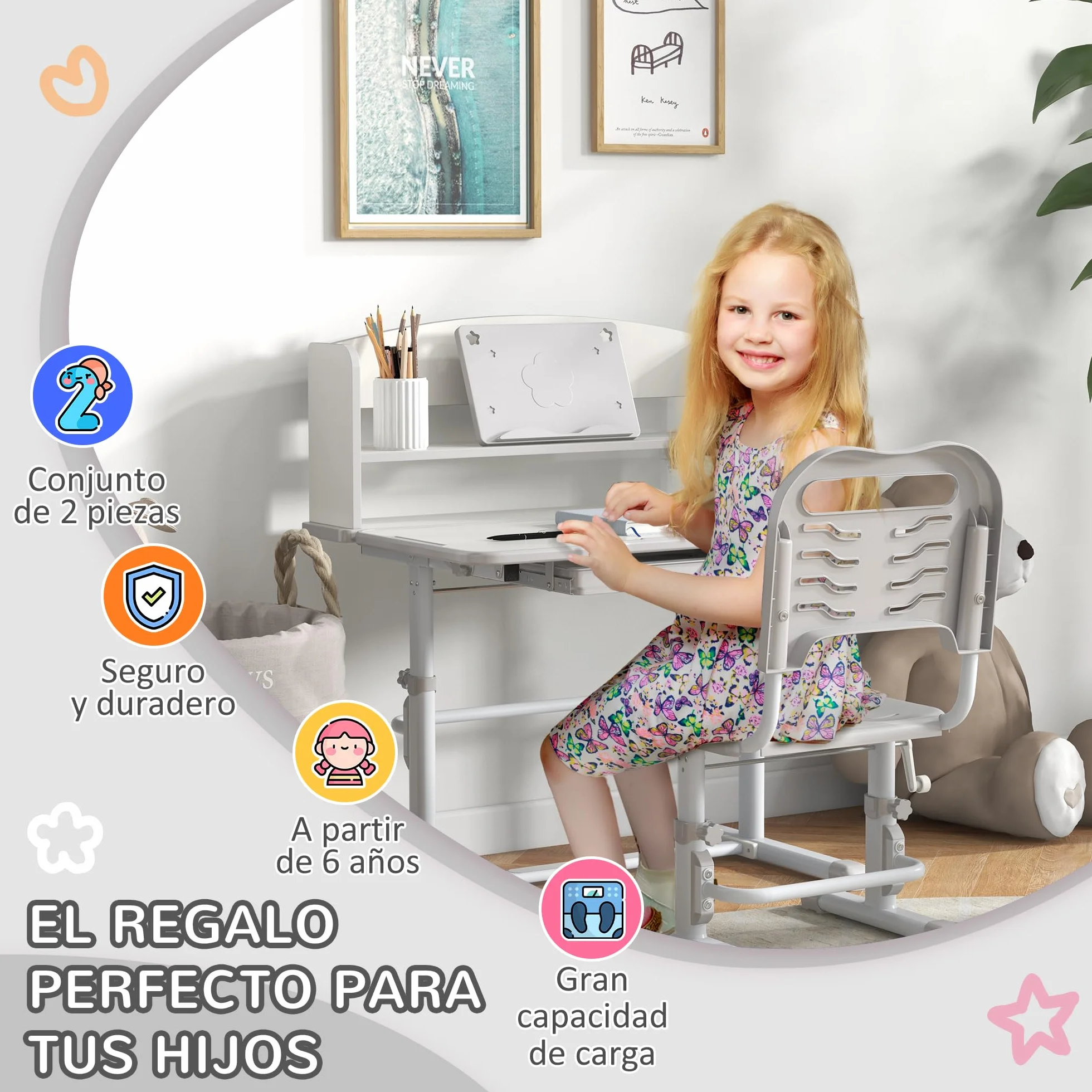 ZONEKIZ Juego de Escritorio y Silla para Niños 6-12 Años Pupitre Infantil Altura Ajustable con Cajón y Estante 80x54,5x82-104 cm Gris Blanco