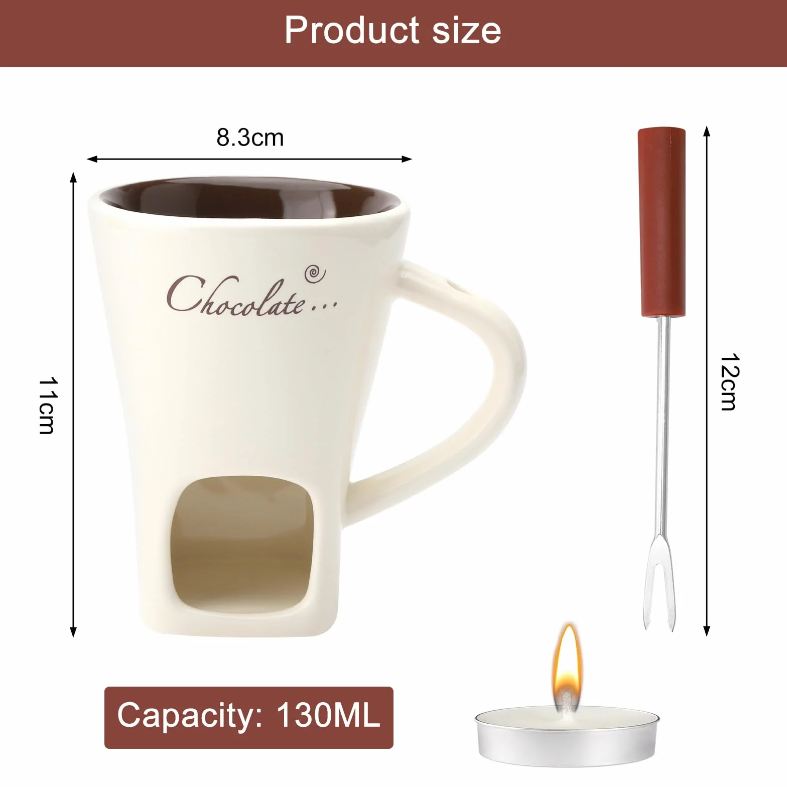 Juego de fondue de chocolate, taza de cerámica 130 ml, con portavelas y tenedores