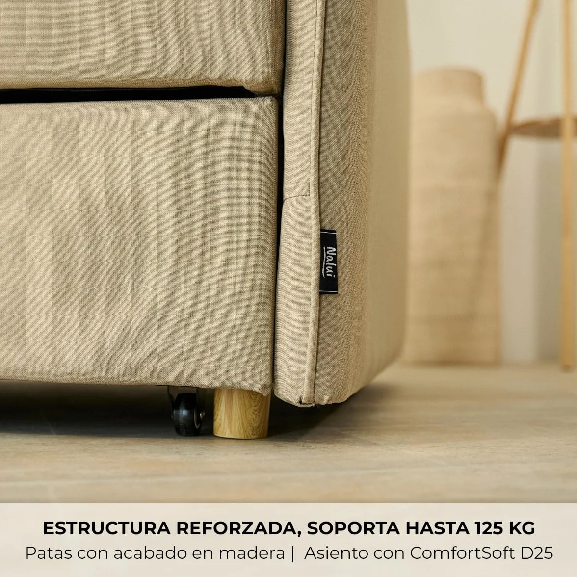 Nalui-Sofá Cama 1 Plaza 3 en 1 Nest 1 93x100x79cm con 3 Posiciones y 2 Almohadas (55x20cm). Sofá Cama Individual, Soporta hasta 200Kg. Sillón Cama Reclinable con Reposabrazos, Beige