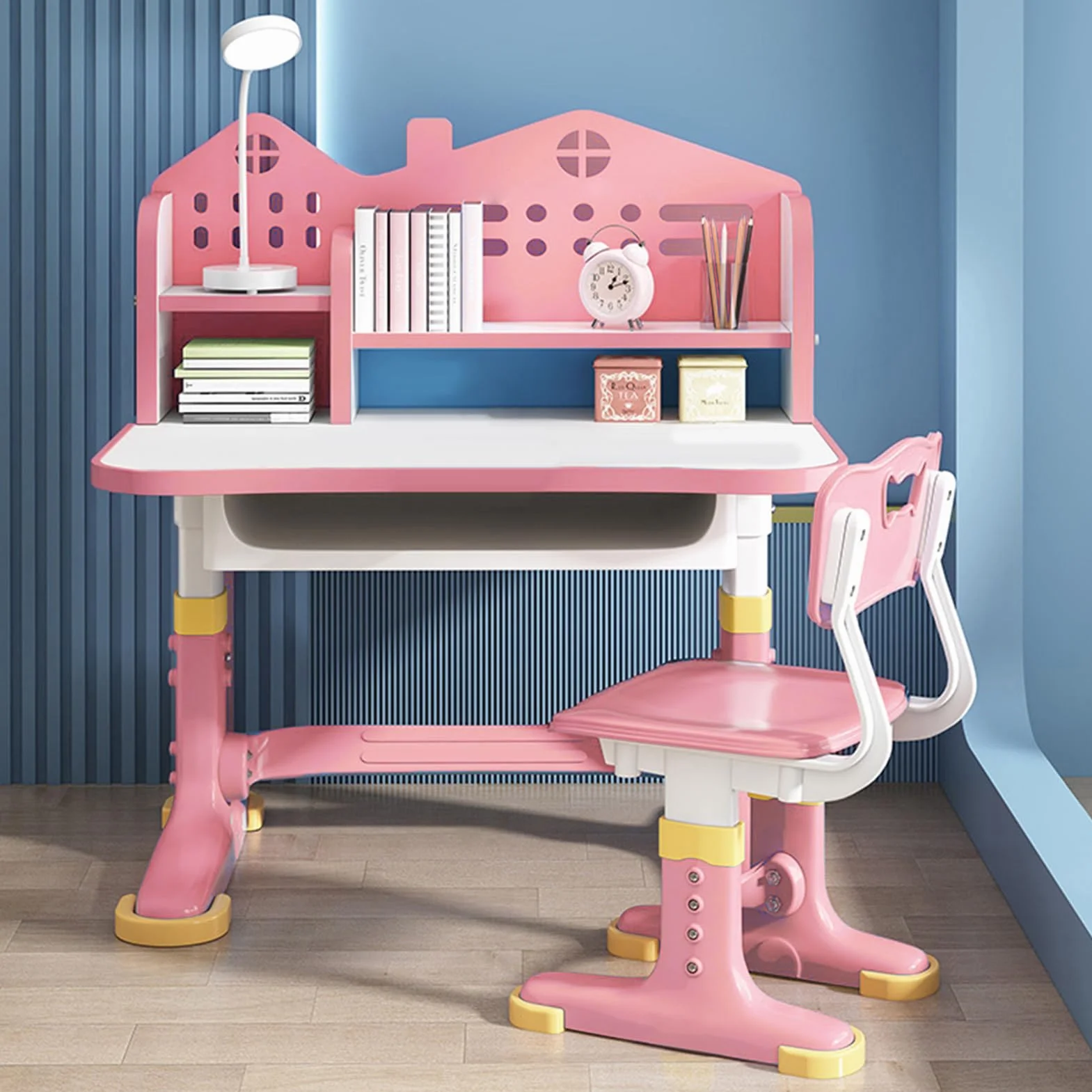 Escritorio y Silla Infantil Ajustable,Juego de Escritorio y Silla Infantil Ajustable en Altura para Niños de 3 a 18 Años Set de Estudio Ergonómico con Diseño de Cómic (Versión ampliada Rosa)