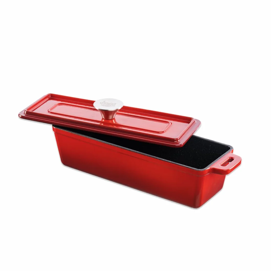 Paté de Terrina con tapa y cómodas asas en los laterales - Hierro Fundido esmaltado Cuenco estrecho ideal para cocinar carnes, guisos, terrinas, asados y pasteles, Color Rojo