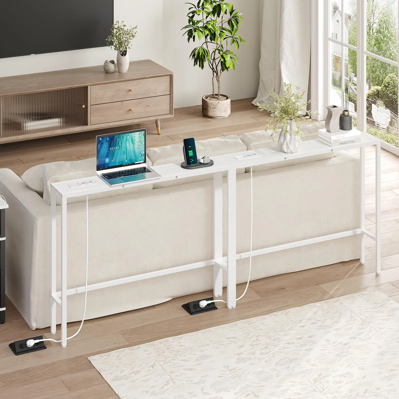 MAHANCRIS Juego de Dos Mesas de Entrada de 100 cm, Aparadores con Enchufe y Puerto USB, Mesitas Auxiliares de Sofá Largas y Estrechas, para Pasillo, Salón, Blanco ACTWT968UE01S2