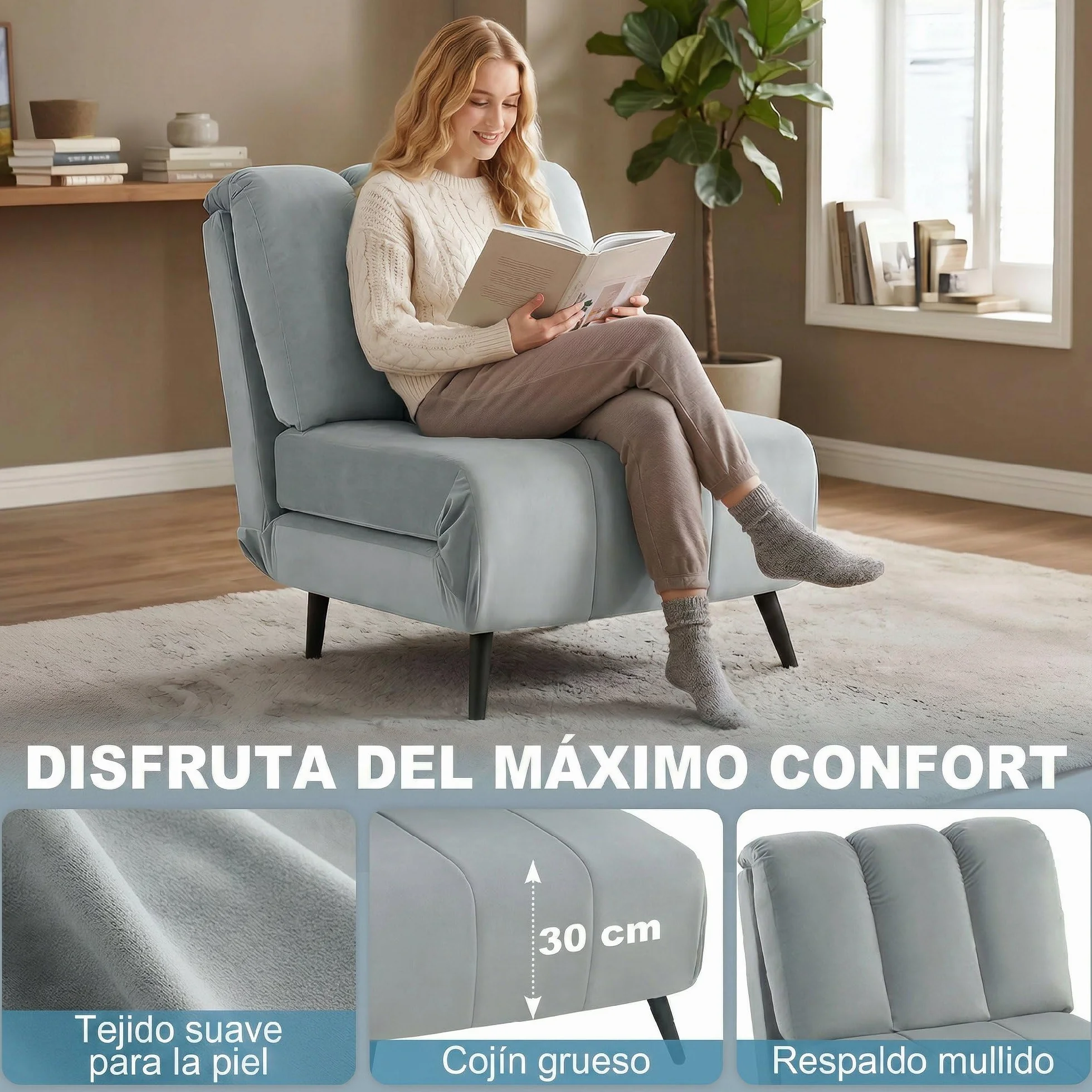 HOMCOM Sofá Cama de 1 Plaza 3 en 1, Sofá Cama Plegable Tapizado en Terciopelo con Respaldo Ajustable en 3 Niveles, Cojín Grueso para Dormitorio, Salón, Oficina, Fácil Montaje, 72x88x87 cm, Gris