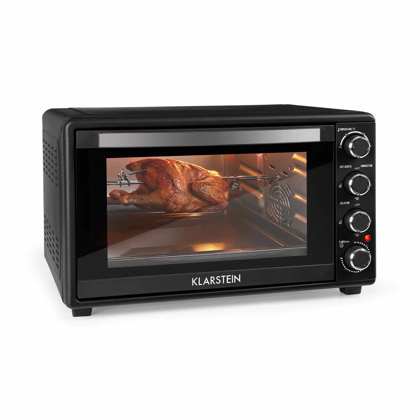 KLARSTEIN Masterchef 60 Mini Horno Electrico de sobremesa 60L, 2000W, 100-230°C, asador giratorio, función de circulación de aire, temporizador, puerta doble cristal, acero inoxidable, Negro