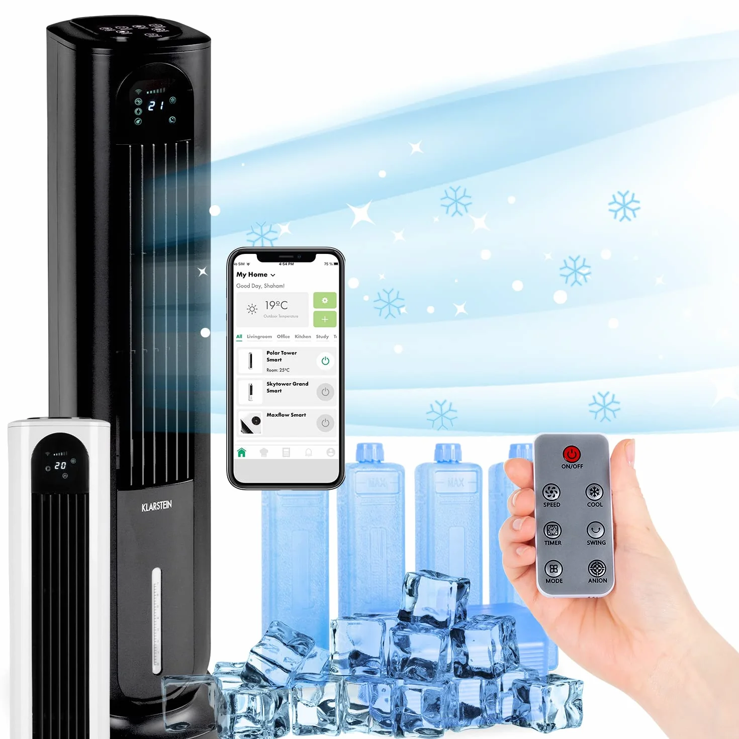 Klarstein Polar Tower Smart Climatizador Evaporativo – 4 en 1: Ventilador, Humidificador & Purificador, Control App & Alexa, Depósito 7L, 3.306 m³/h, Modo Noche, Portátil con Ruedas, Negro