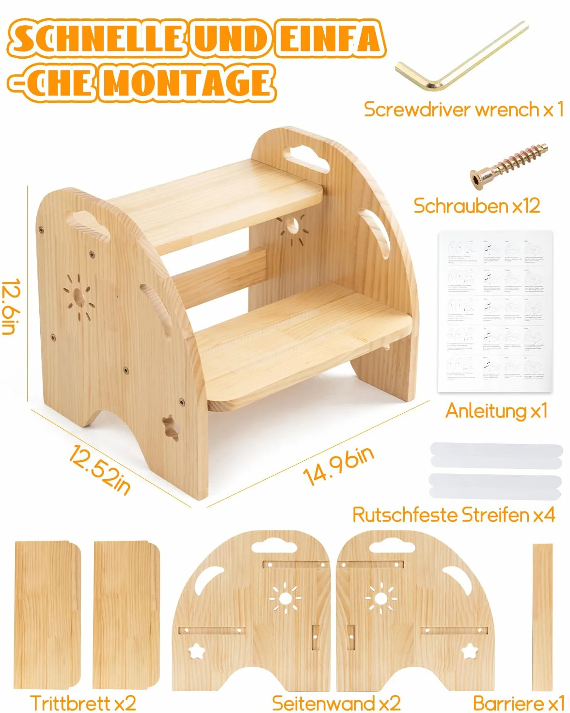 Taburete infantil de madera de 2 niveles, antideslizante, con asa, capacidad de carga de 200 kg, para cocina y baño a partir de 3 años