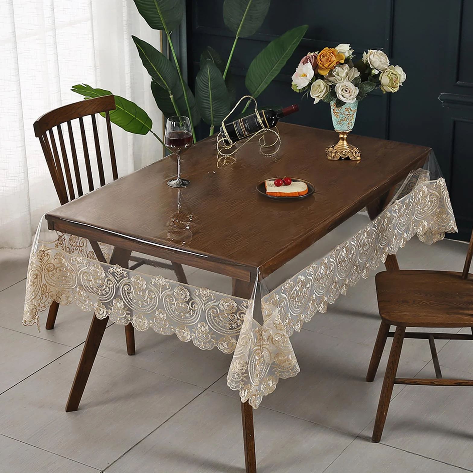 Qubjus Mantel de plástico transparente, impermeable, rectangular, de vinilo, con encaje bordado, para comedor, cocina, bufé, banquetes, fiestas (60 x 98 pulgadas, café)