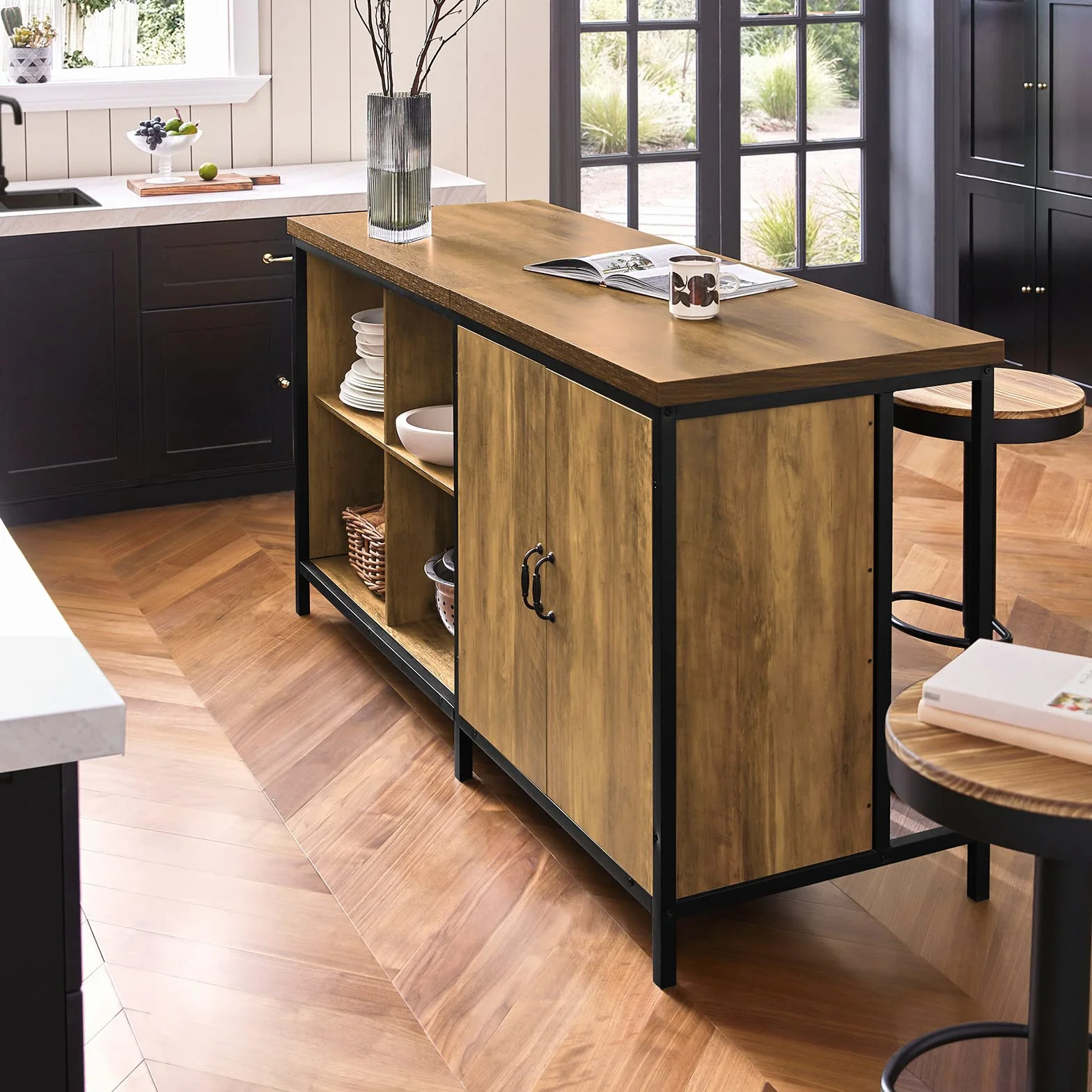 SoBuy Isla de Cocina, Armario de Almacenaje Multifuncional, Mueble de Cocina, Sideboard para Sala de Estar, Aparador, Armario Auxiliar Vintage 170 x 60 x 89 cm KNL01-F
