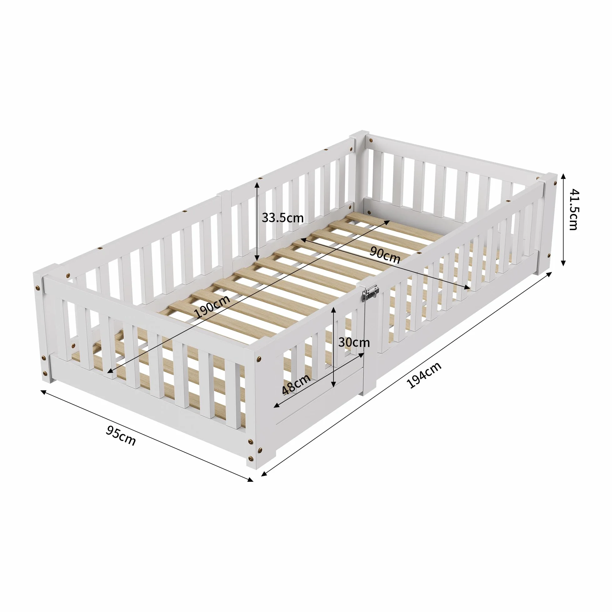 Cama de suelo para niños de 90 x 190 cm con valla y puerta, cama Montessori con protección anticaídas, cama juvenil individual con somier, cama infantil para niños y niñas, blanco (90 x 190 cm