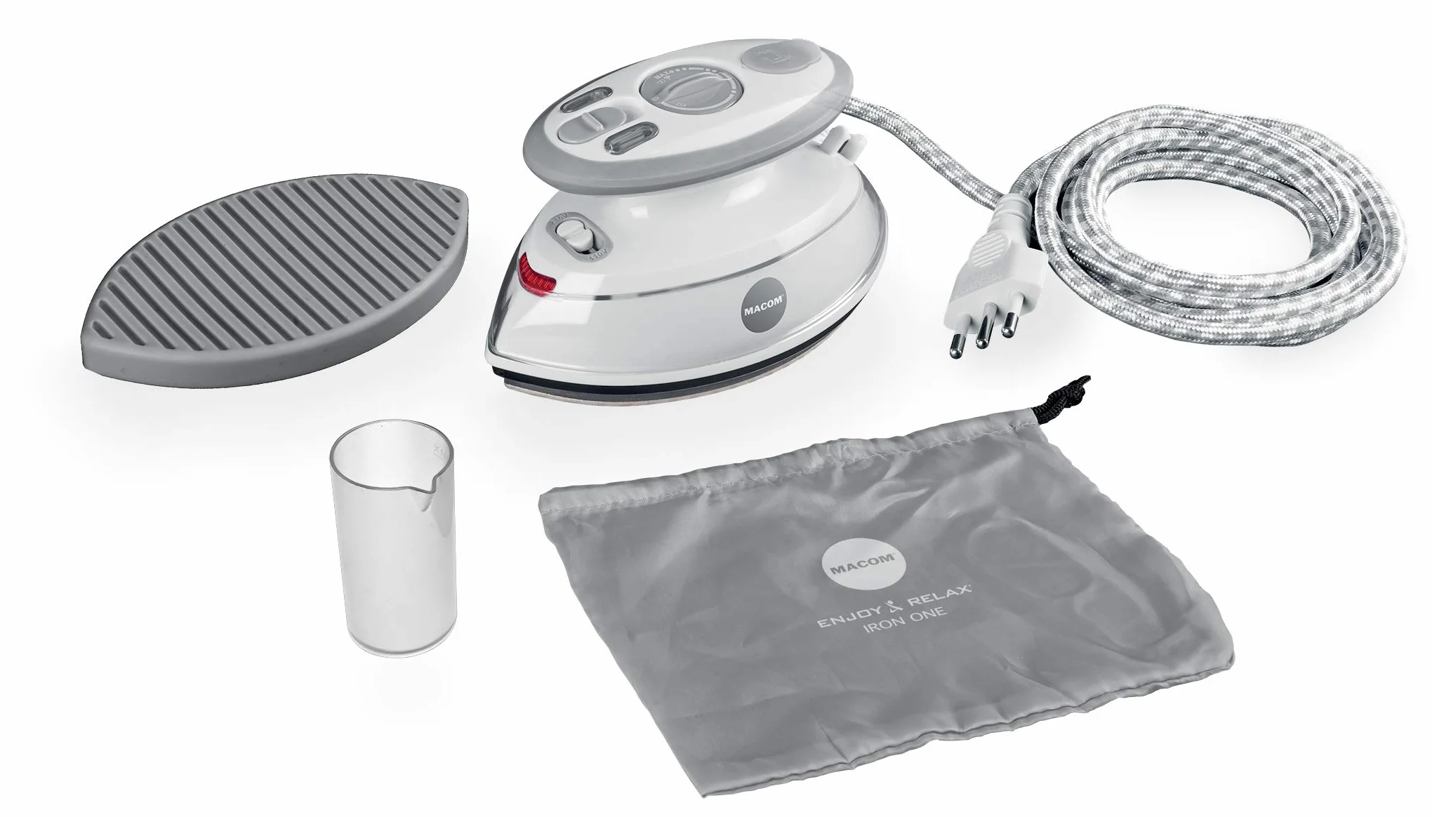 Macom - Mini Plancha de Doble Punta para Vapor de Toda Placa, Color Blanco y Gris