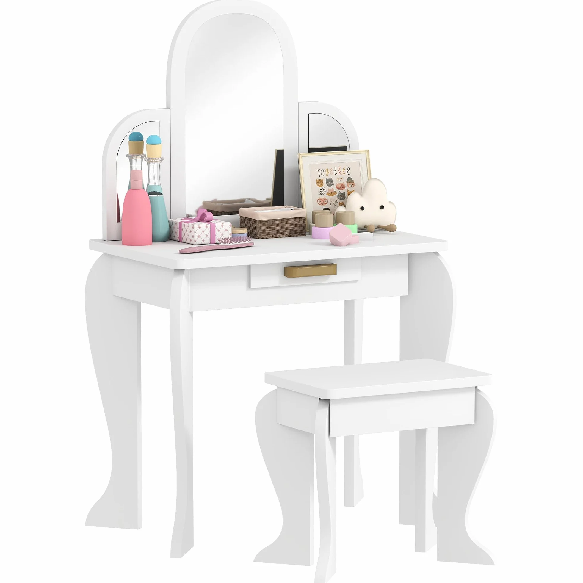 HOMCOM Tocador Infantil con Taburete y Espejo, Cajón, Mesa de Maquillaje para Niñas 3-6 Años, Blanco