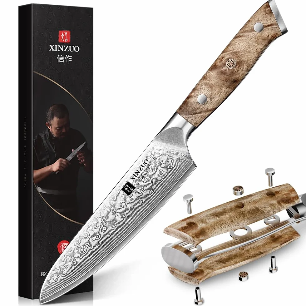 XINZUO Acero de Damasco Cuchillo Universal de Cocina 13,3cm Cuchillo para Pelar de Fruta -Mango Ergonómico de Figured Sycamore Wood -para Carne, Pescado, Fruta y Verdura -con Caja de Regalo