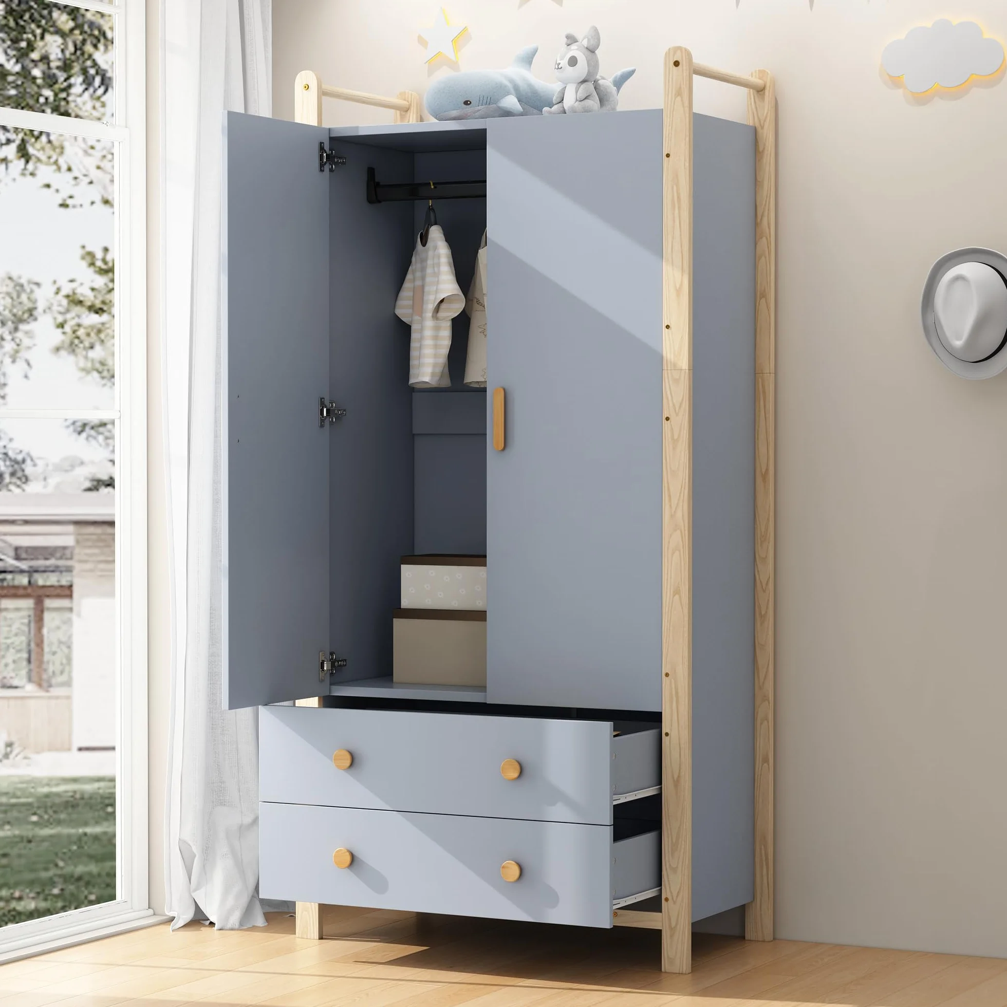Armario para Niños con 2 Puertas y 2 Cajones 180x90x45 cm Armario Ropero de Madera con Barra para Colgar, Ropero Estrecho Moderno para Dormitorio, Salón, Perchero de Pasillo, Azul y Natural