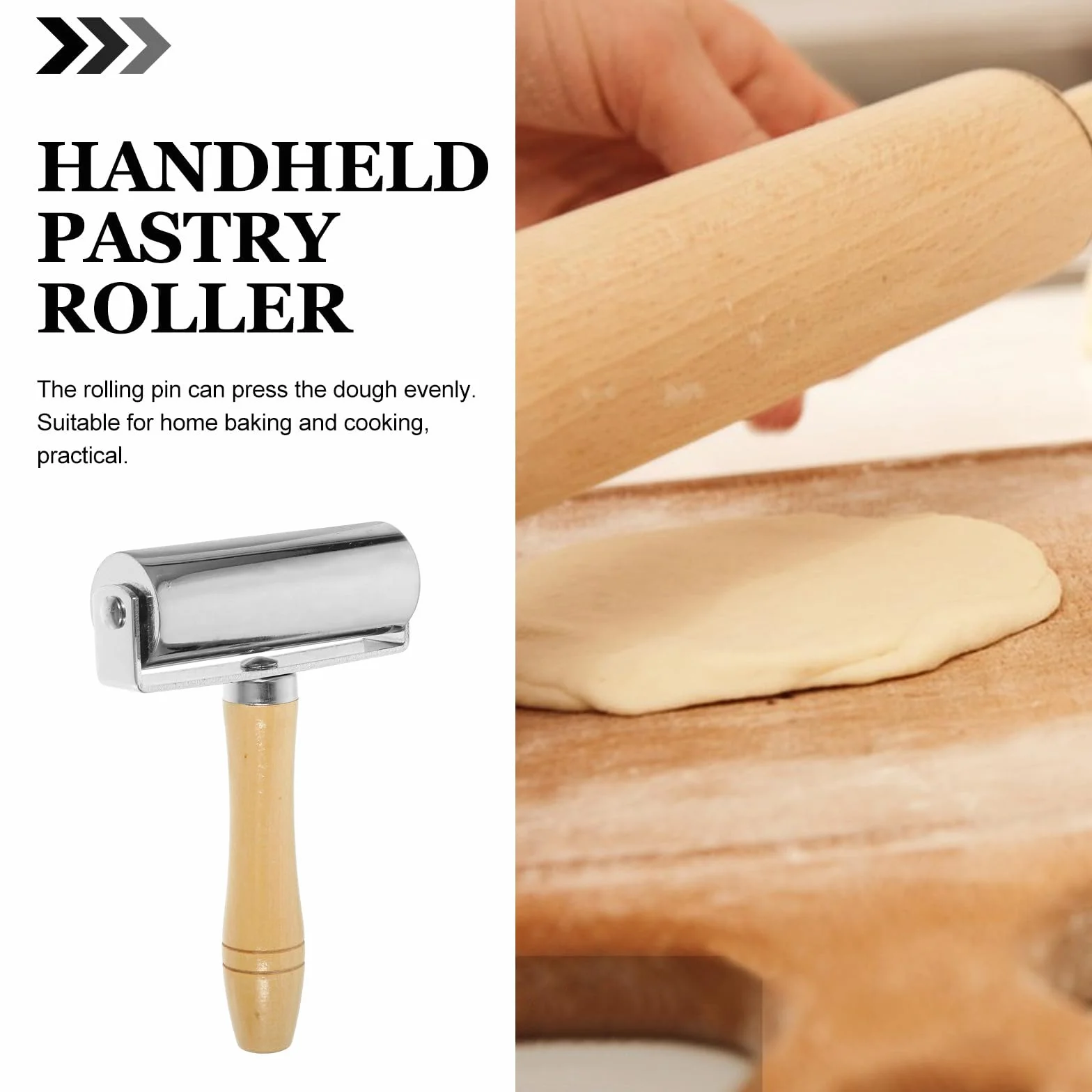 Rodillo de masa premium con mango de madera y rueda de acero inoxidable, herramienta de hornear sin esfuerzo para pizza, pastelería y cocina, bordes lisos para prensado uniforme de la masa