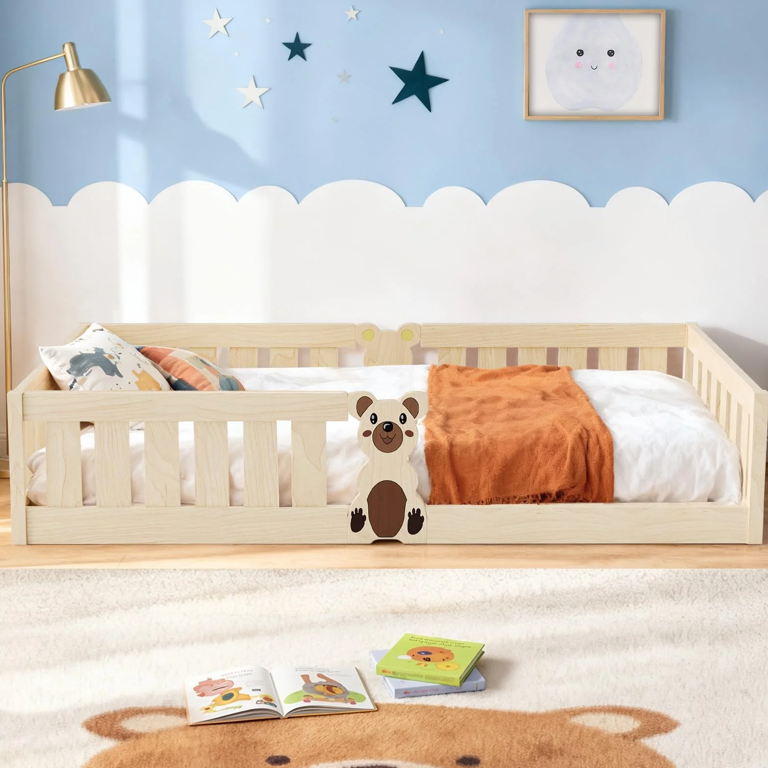 Cama Casa Infantil 205x95cm, Cama Montessori a RAS de Suelo en Madera Maciza Pino, Barreras de Seguridad, 100kg de Carga, Baja para Niños Pequeños, Montaje Fácil